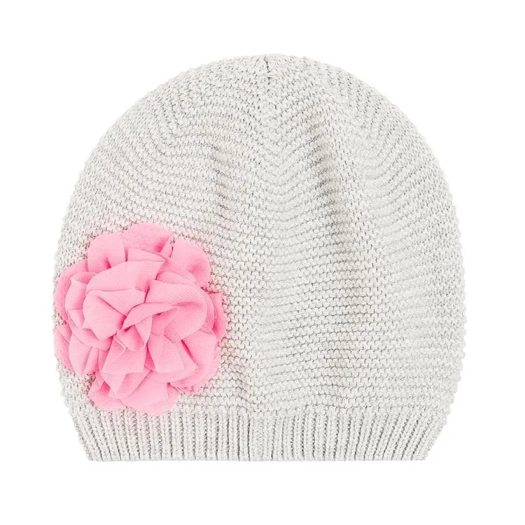 Girls Hat Gray Knit Salmon Flower