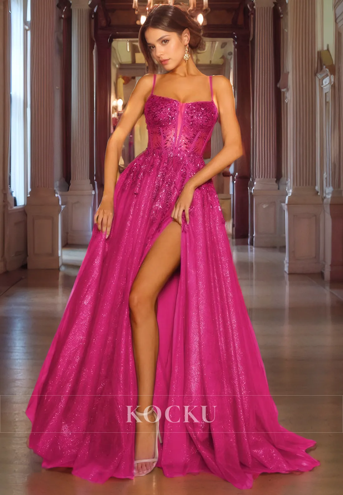 Gorgeous & Charming Spaghetti Straps Sparkly Split A-Line Evening Party Prom Dress