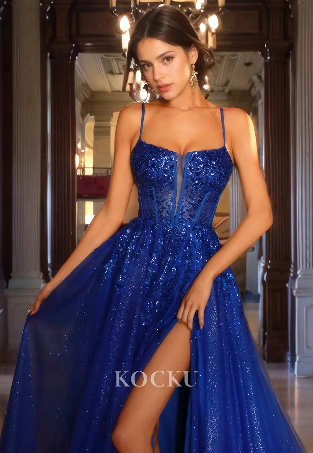 Gorgeous & Charming Spaghetti Straps Sparkly Split A-Line Evening Party Prom Dress