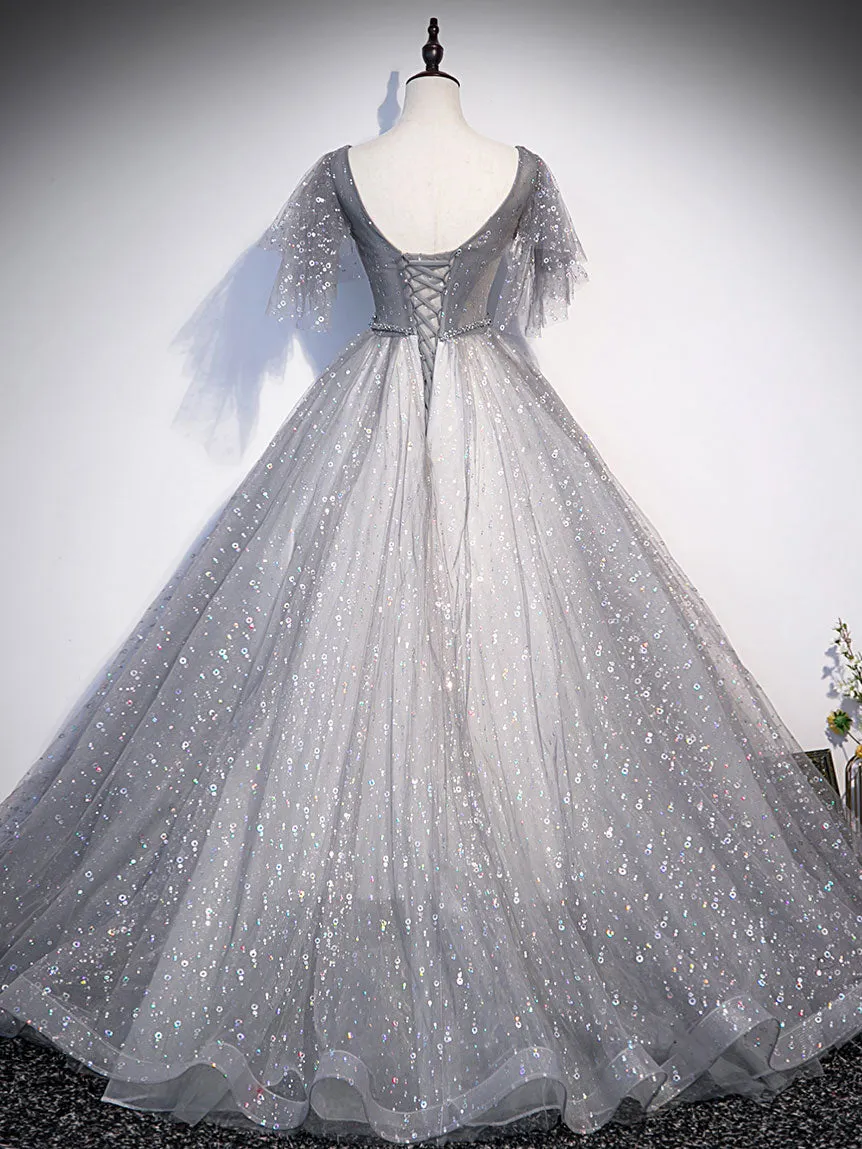 Gray V Neck Tulle Long Prom Dress Gray Tulle Sequin Evening Dress