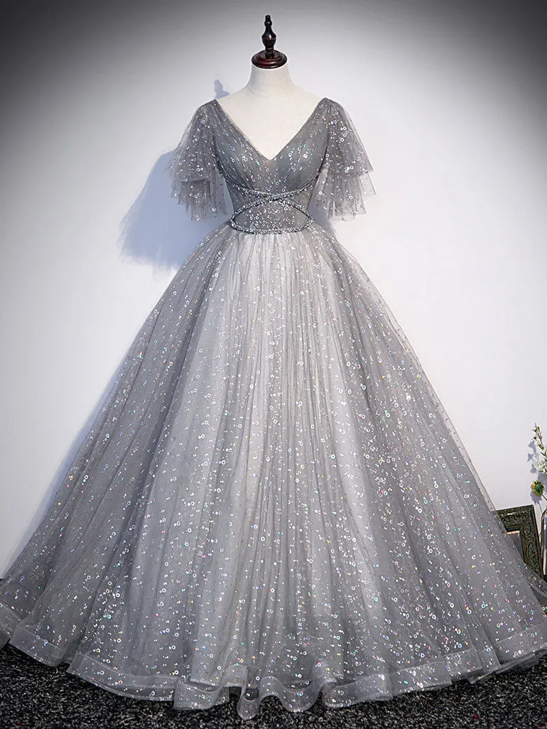 Gray V Neck Tulle Long Prom Dress Gray Tulle Sequin Evening Dress