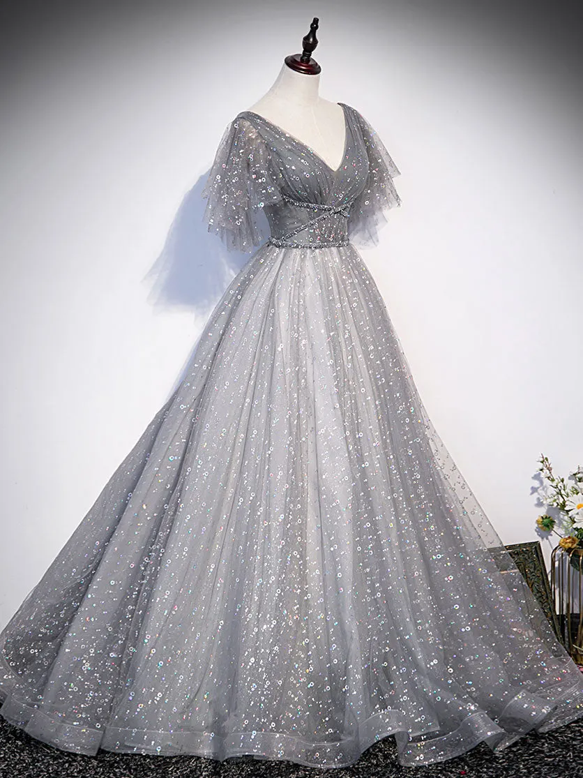 Gray V Neck Tulle Long Prom Dress Gray Tulle Sequin Evening Dress