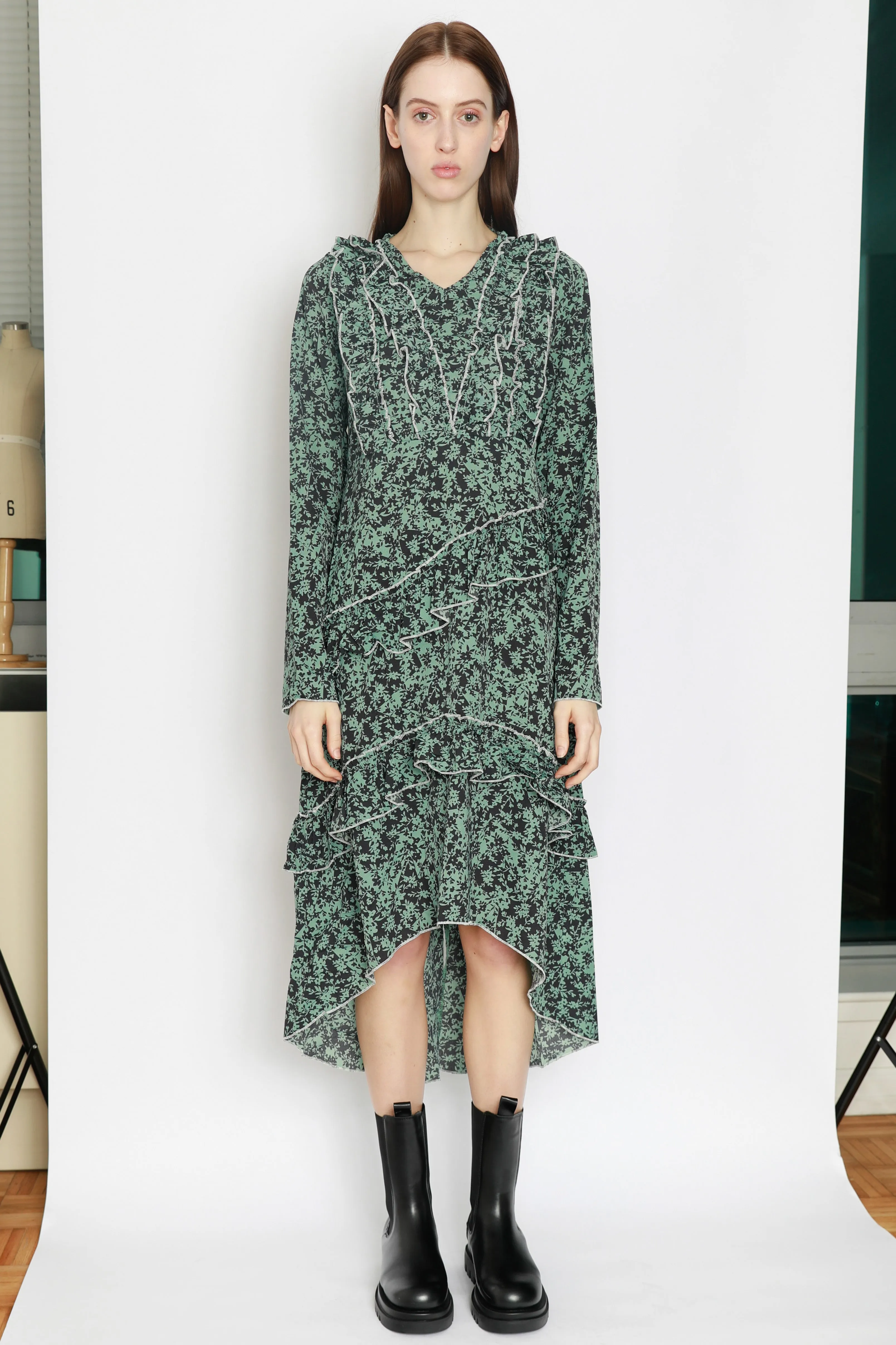 Green Floral Printed Ruffle Dress