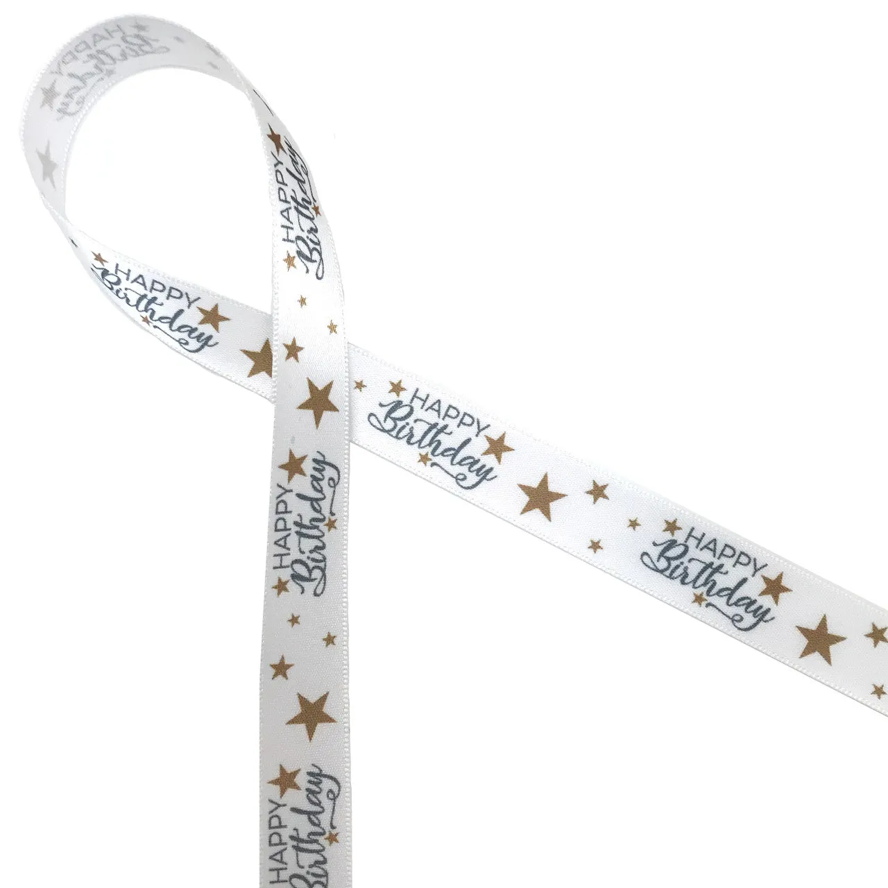 Happy Birthday ribbon printed in silver ink and gold stars on 5/8" white single face satin