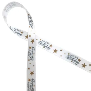 Happy Birthday ribbon printed in silver ink and gold stars on 5/8" white single face satin