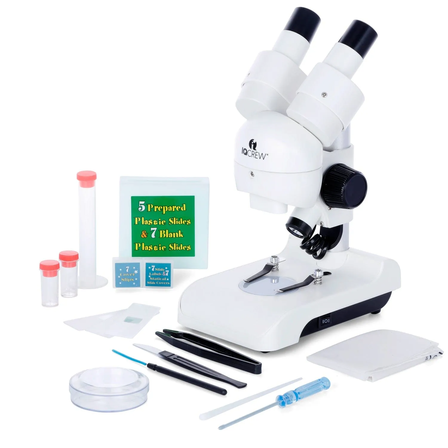 Holiday Savings! IQCREW By AmScope SE122 Series Deluxe All-In-One Portable Stereo Microscope 30X Magnification with LED Dual-Illumination and Accessory Kit   BONUS Fossil Kit and Book