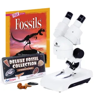 Holiday Savings! IQCREW By AmScope SE122 Series Deluxe All-In-One Portable Stereo Microscope 30X Magnification with LED Dual-Illumination and Accessory Kit   BONUS Fossil Kit and Book