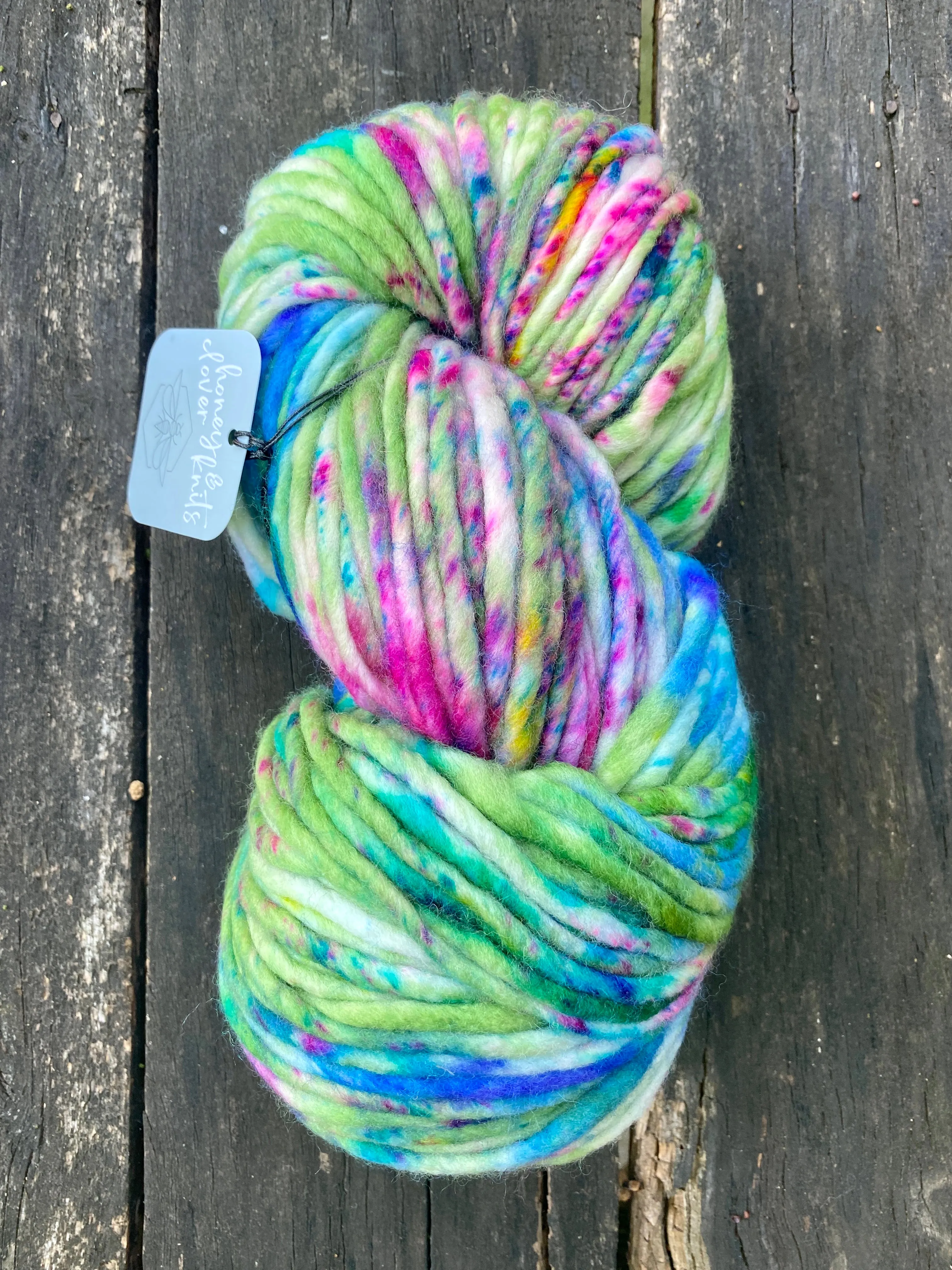 Honey and Clover Knits hand dyed merino wool yarn colorful indie yarn super bulky Wild Thing