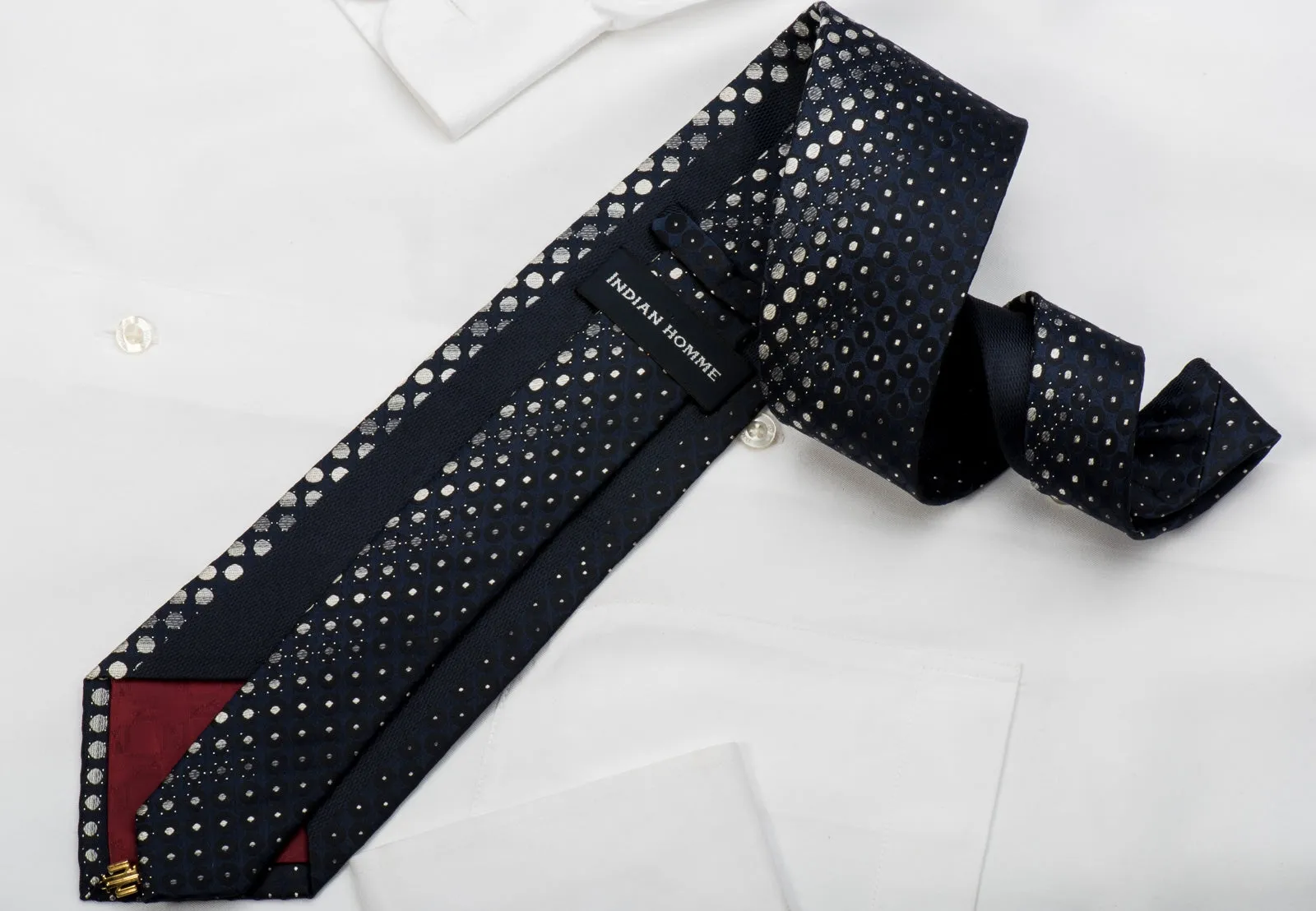 Indian Homme Rhinestone Silk Necktie Silver Dots On Navy With Silver Sparkles