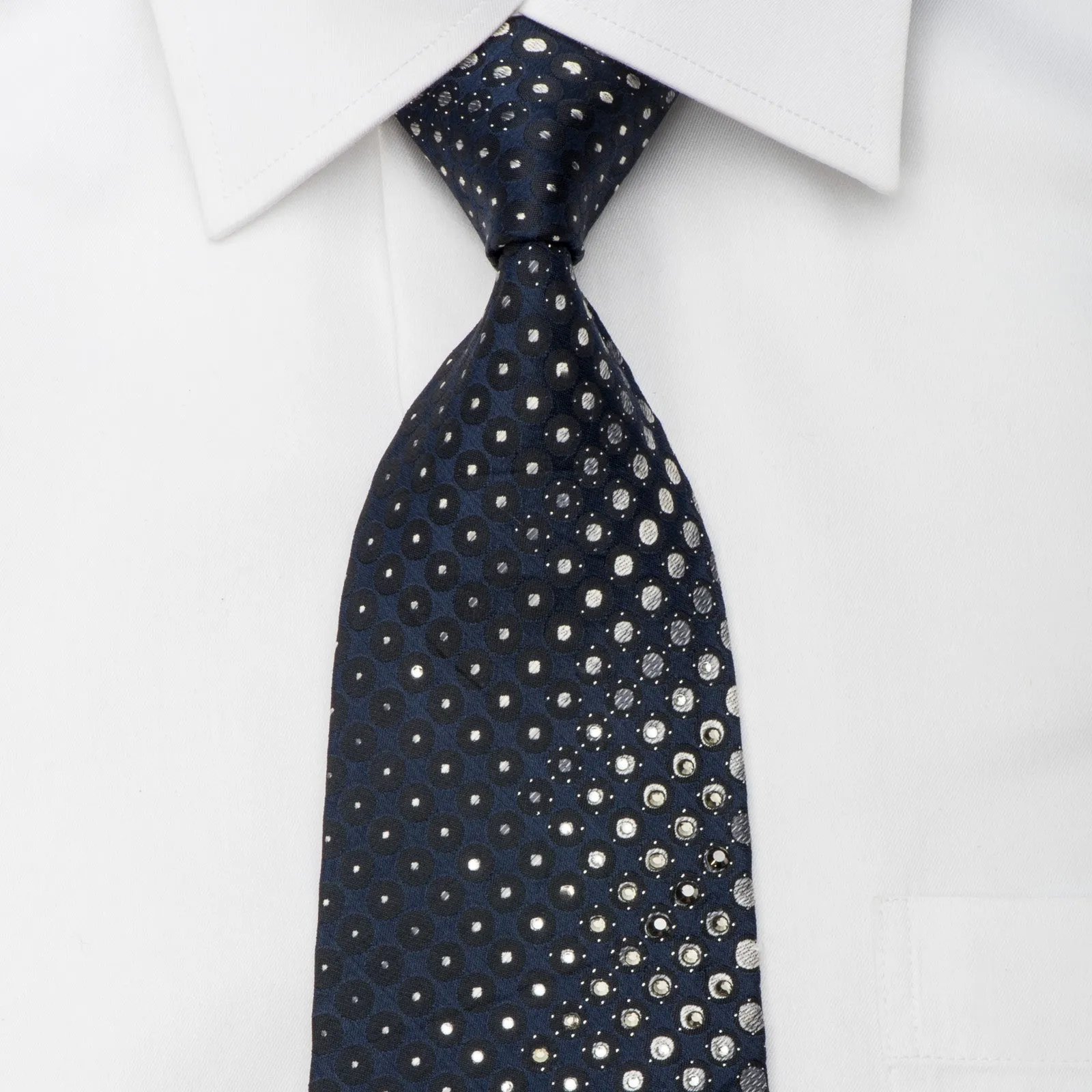 Indian Homme Rhinestone Silk Necktie Silver Dots On Navy With Silver Sparkles