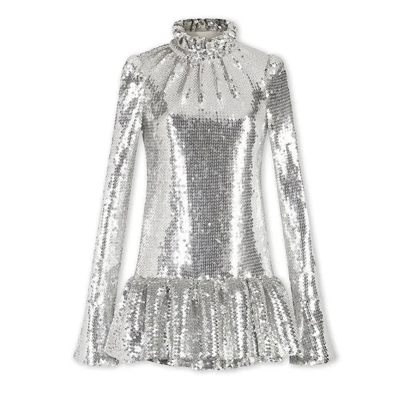 Kate Long Sleeve Ruffle Hem Sequin Mini Dress