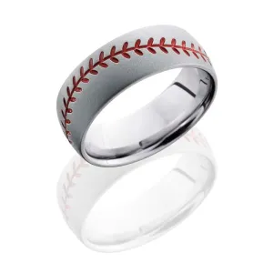 Lashbrook Mens 7mm Cobalt Wedding Band with Red Enamel Baseball Stitch Pattern