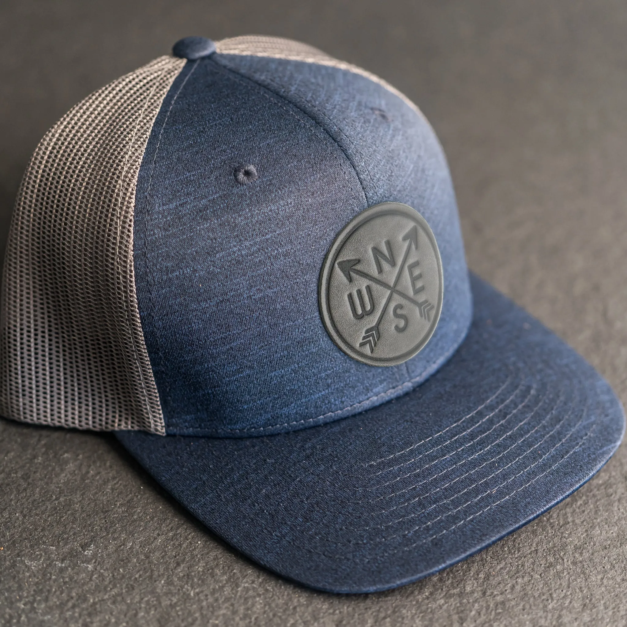 Leather Patch Performance Style Trucker Hat - Compass Rose Stamp