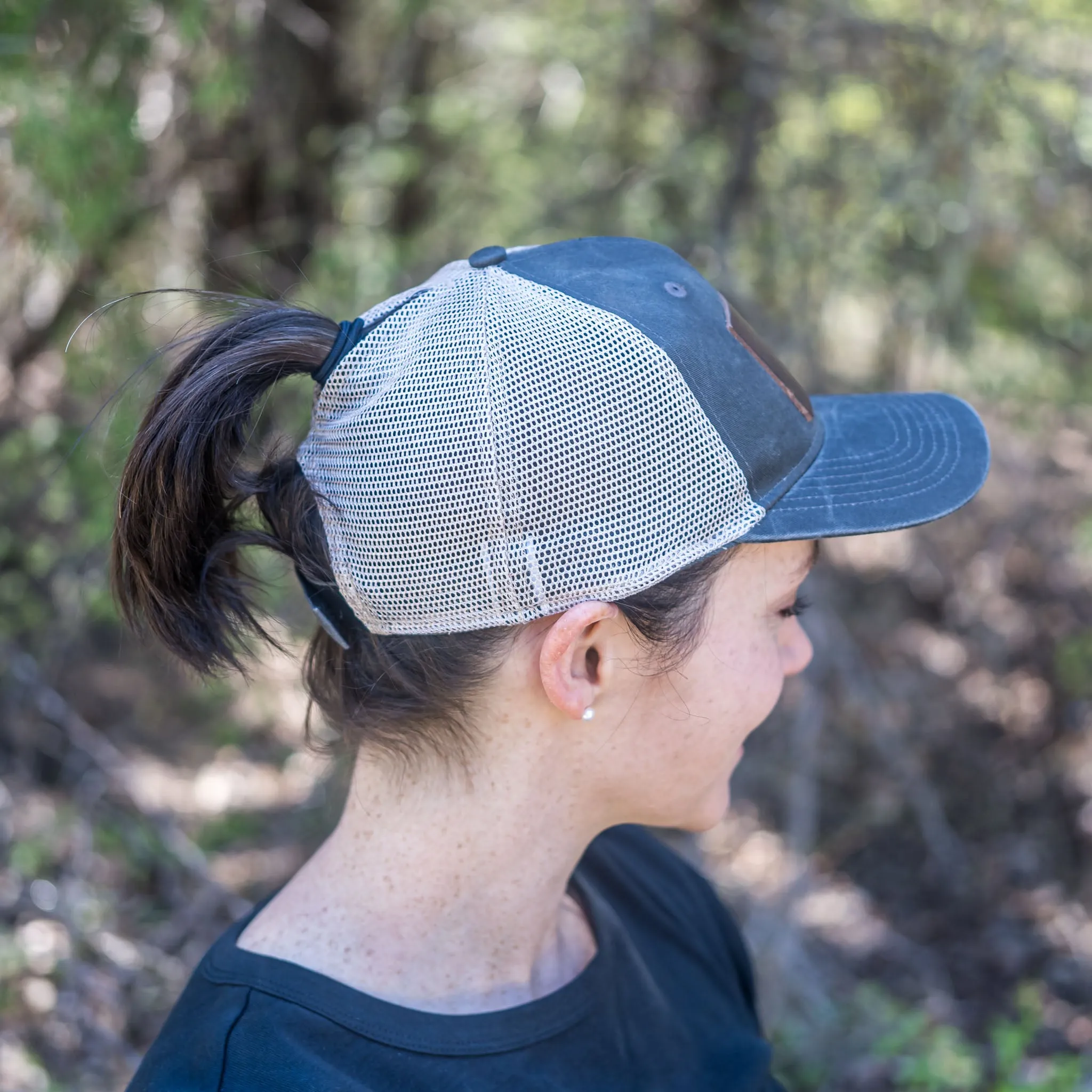 Leather Patch Ponytail Style Hat - Fish Stamp