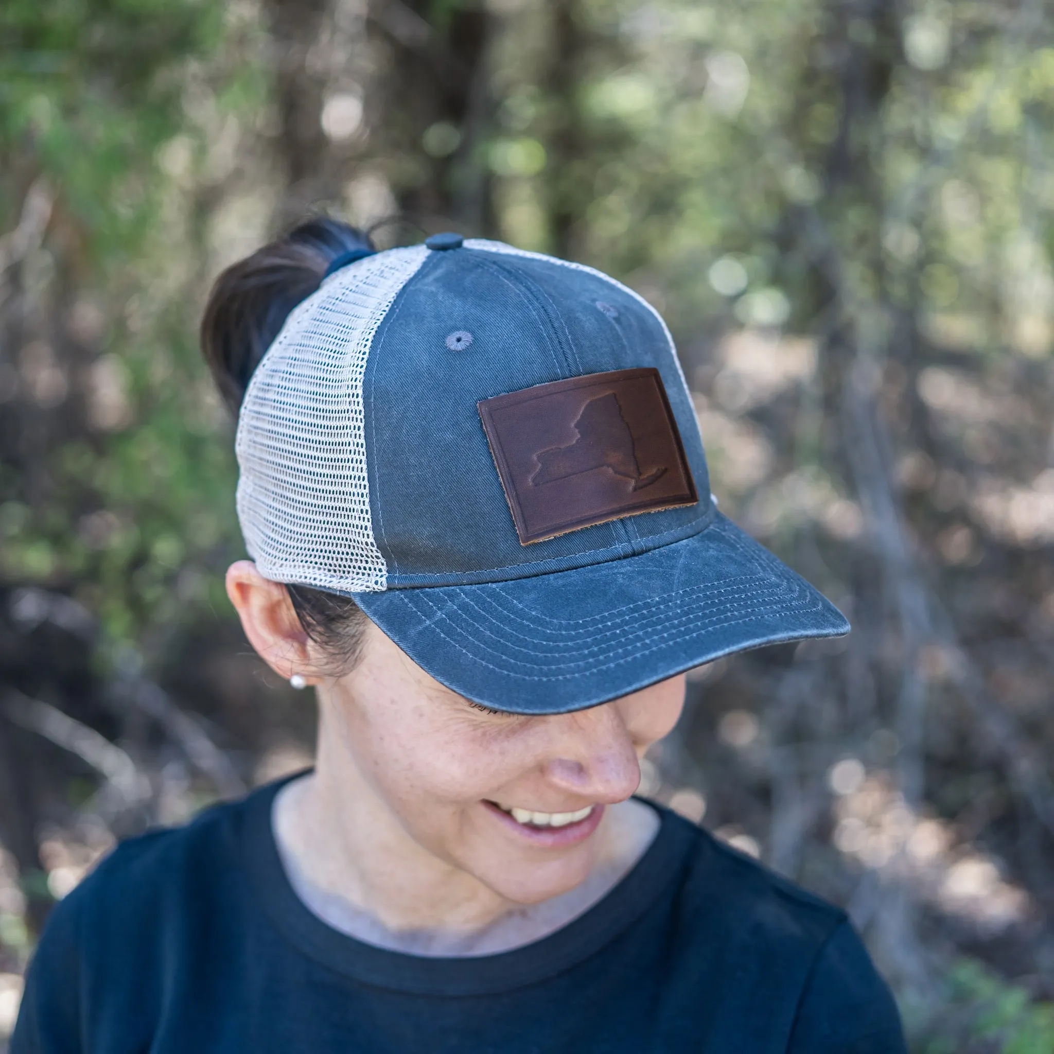 Leather Patch Ponytail Style Hat - New York Stamp