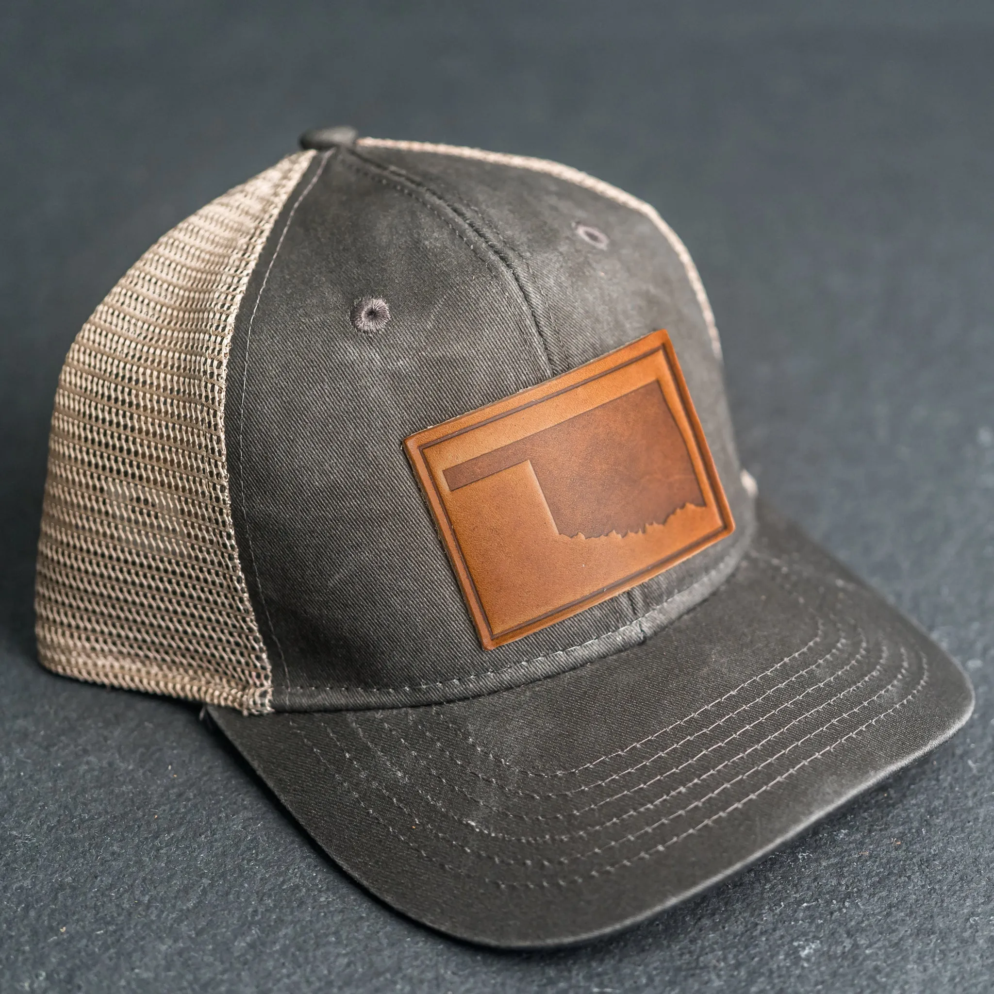 Leather Patch Ponytail Style Hat - Oklahoma Stamp