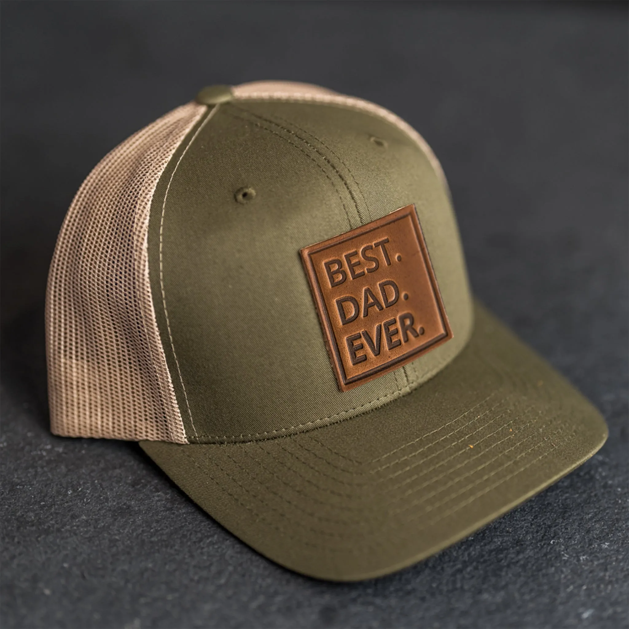 Leather Patch Trucker Style Hat - Best Dad Ever Stamp