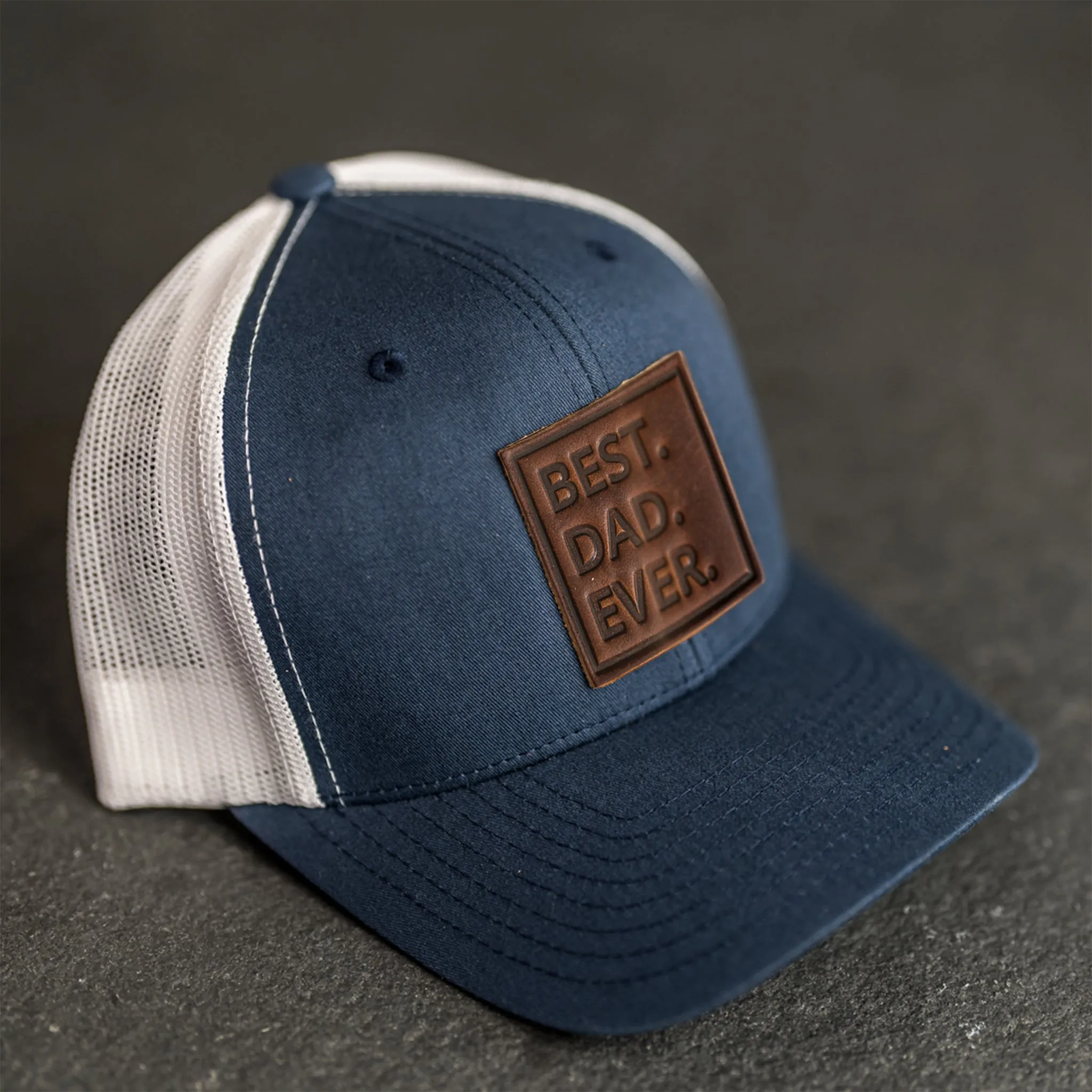 Leather Patch Trucker Style Hat - Best Dad Ever Stamp