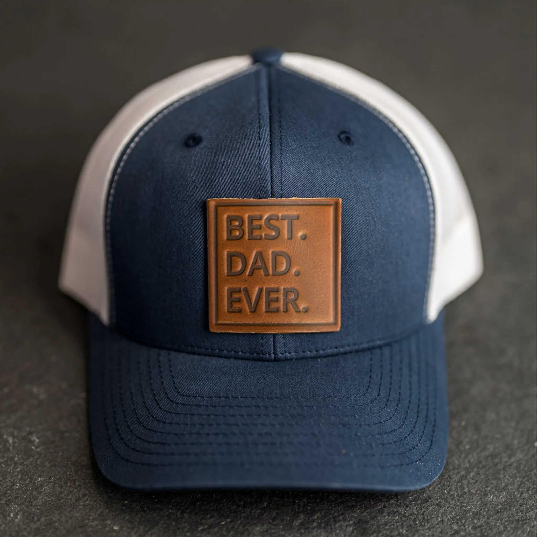 Leather Patch Trucker Style Hat - Best Dad Ever Stamp