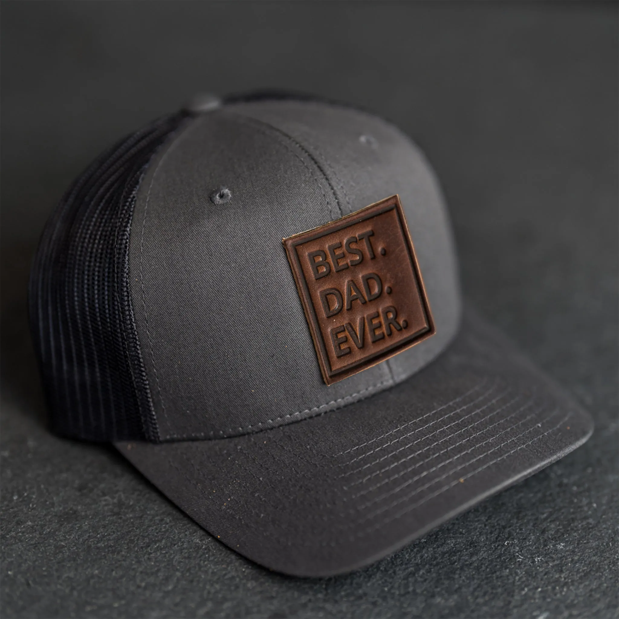 Leather Patch Trucker Style Hat - Best Dad Ever Stamp