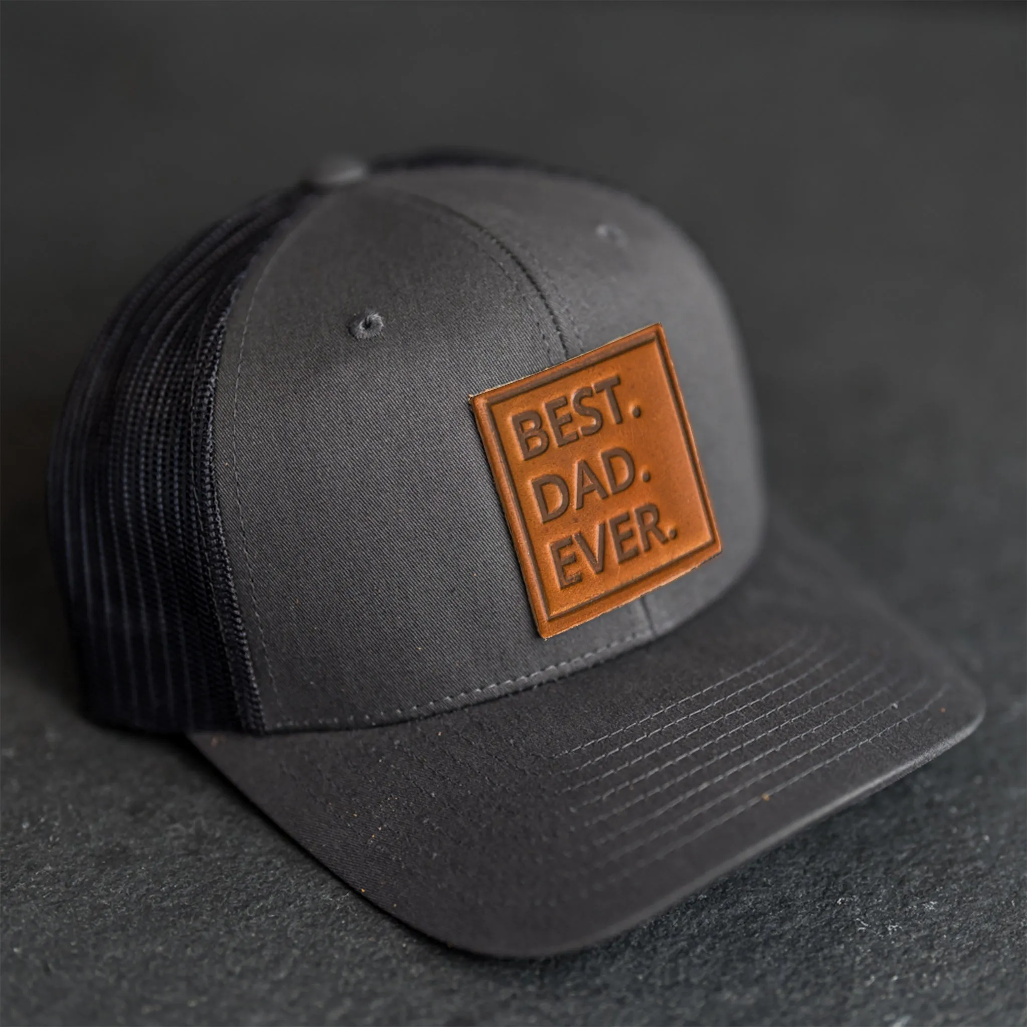 Leather Patch Trucker Style Hat - Best Dad Ever Stamp