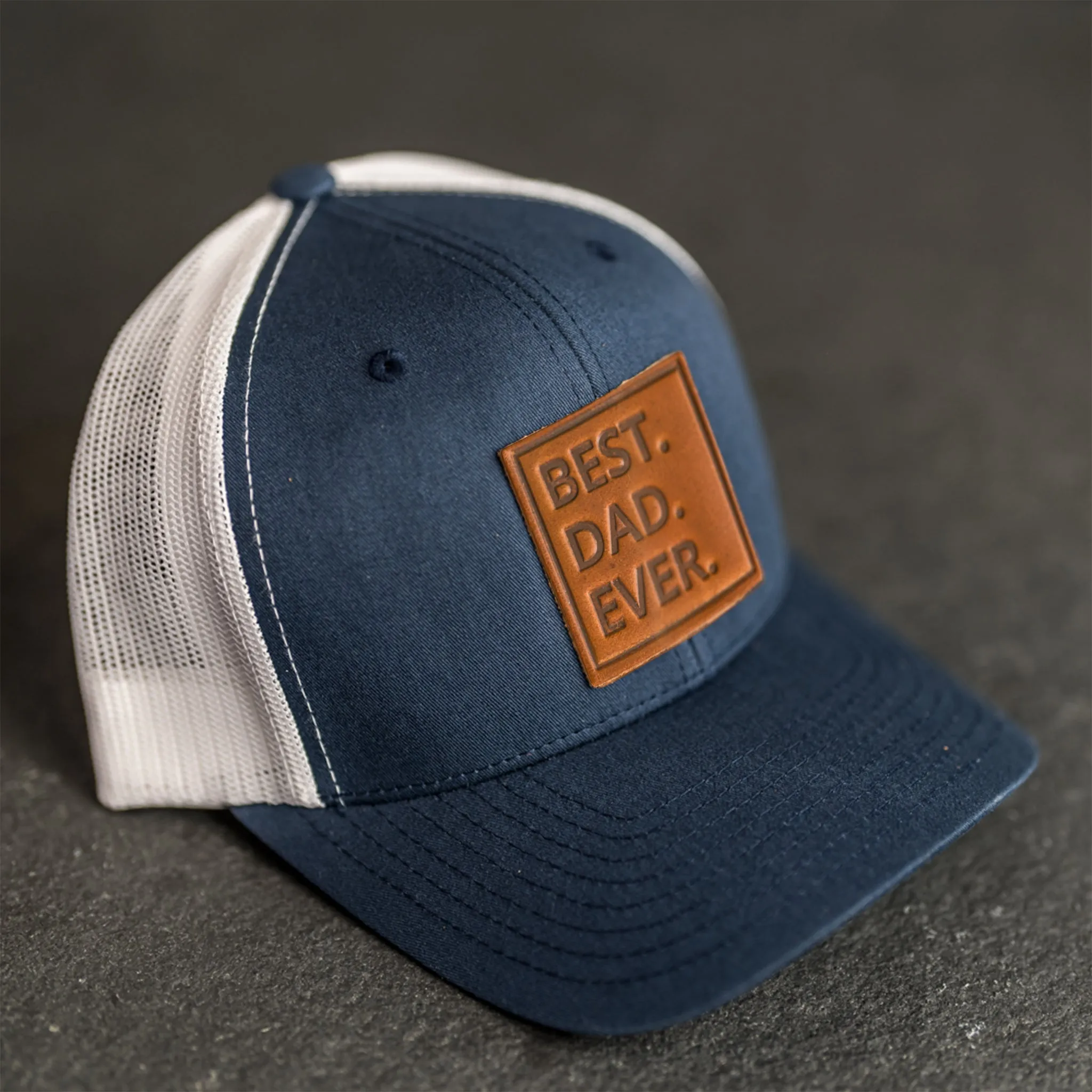 Leather Patch Trucker Style Hat - Best Dad Ever Stamp