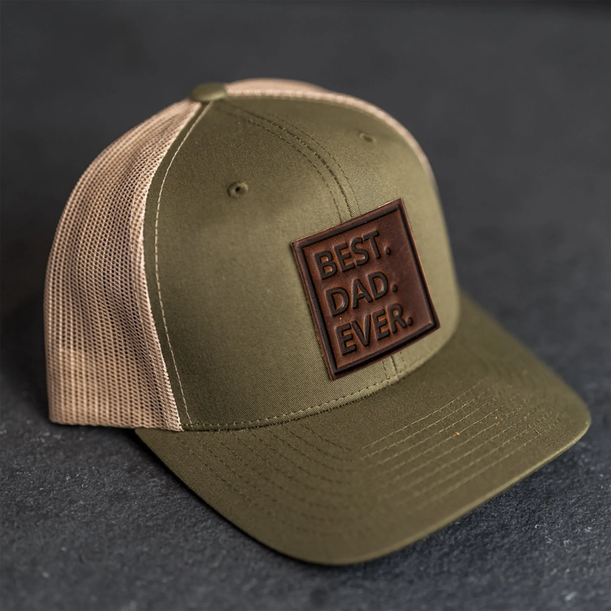 Leather Patch Trucker Style Hat - Best Dad Ever Stamp