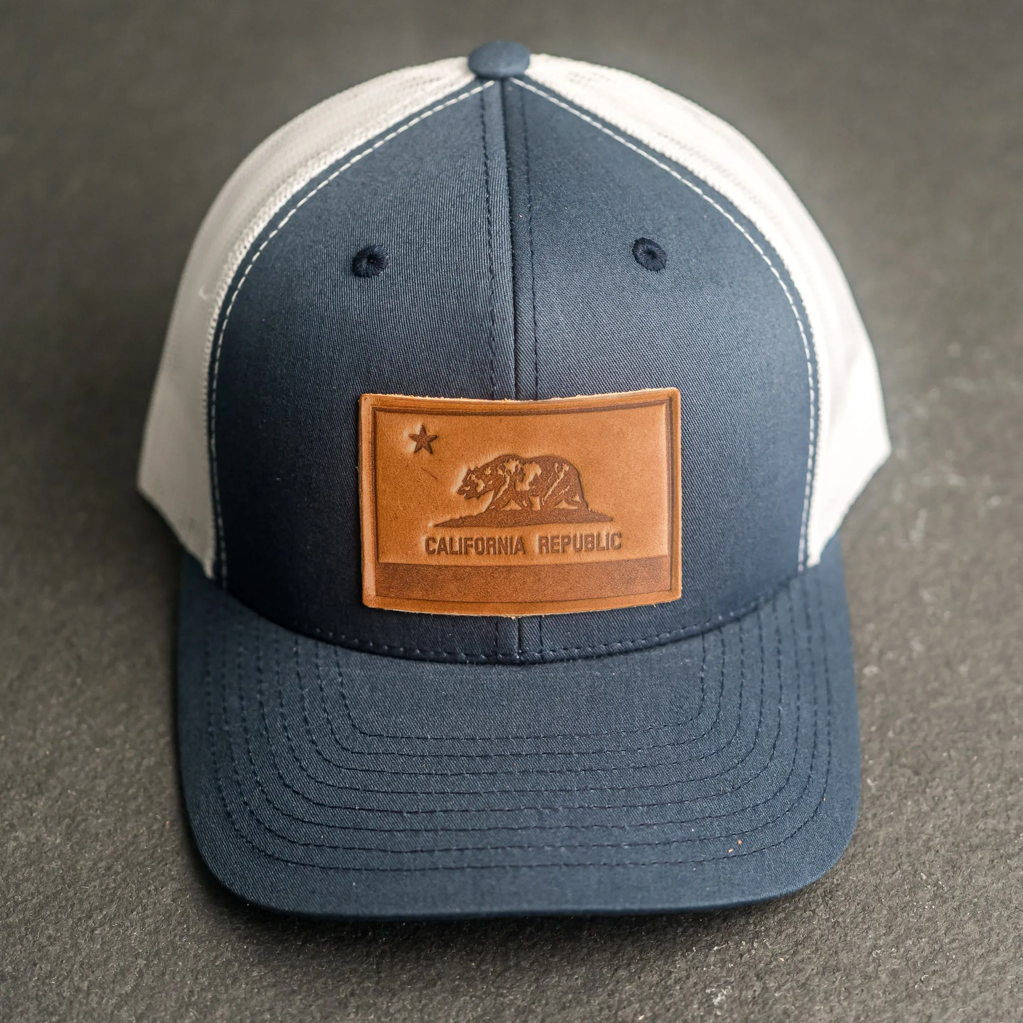 Leather Patch Trucker Style Hat - California Flag Stamp