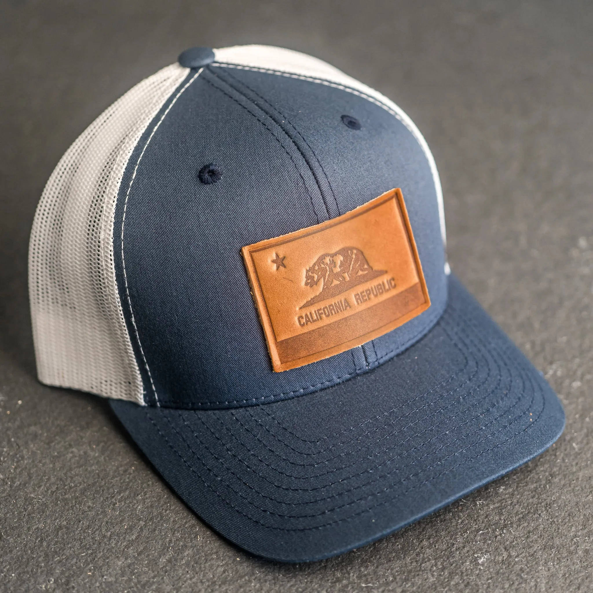 Leather Patch Trucker Style Hat - California Flag Stamp