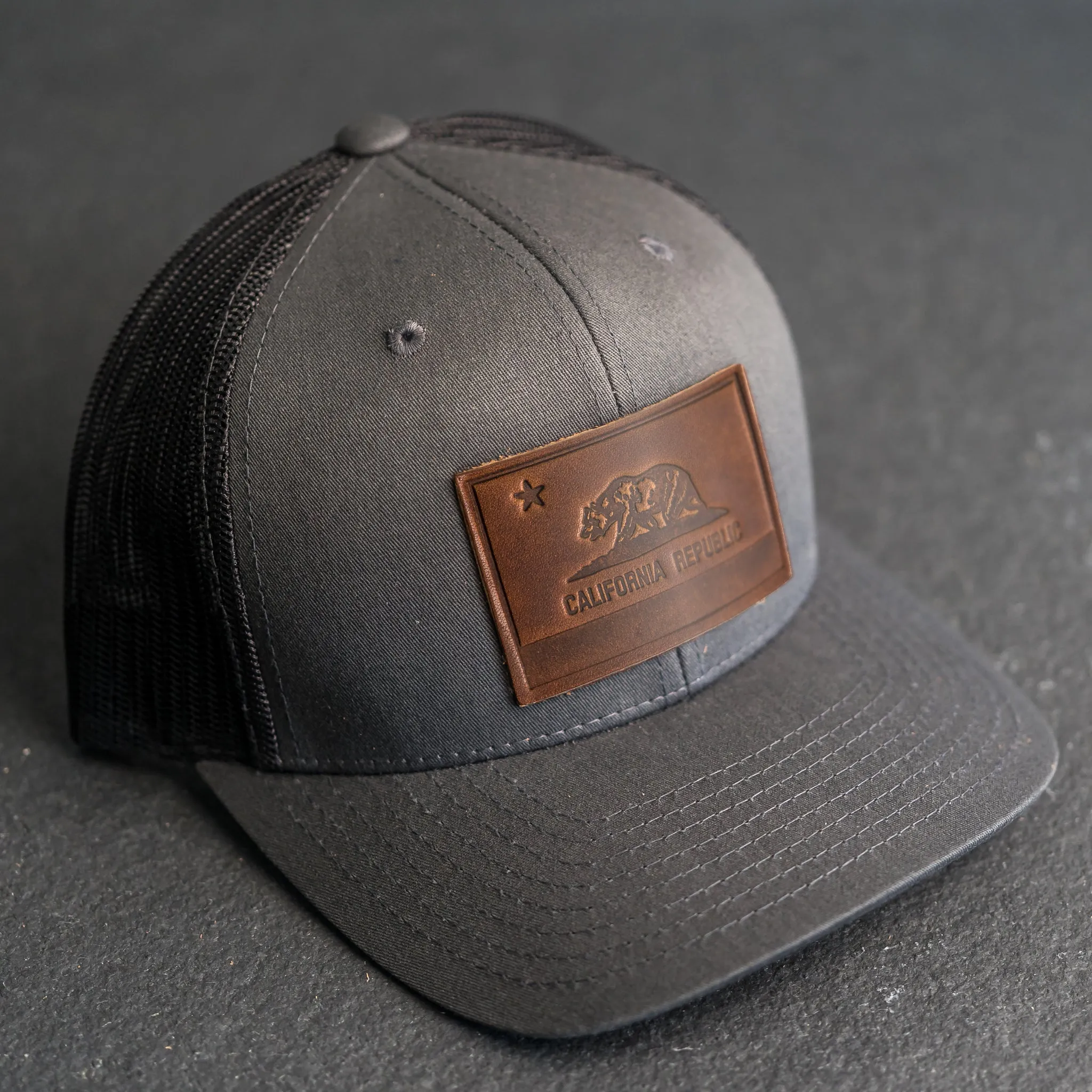 Leather Patch Trucker Style Hat - California Flag Stamp