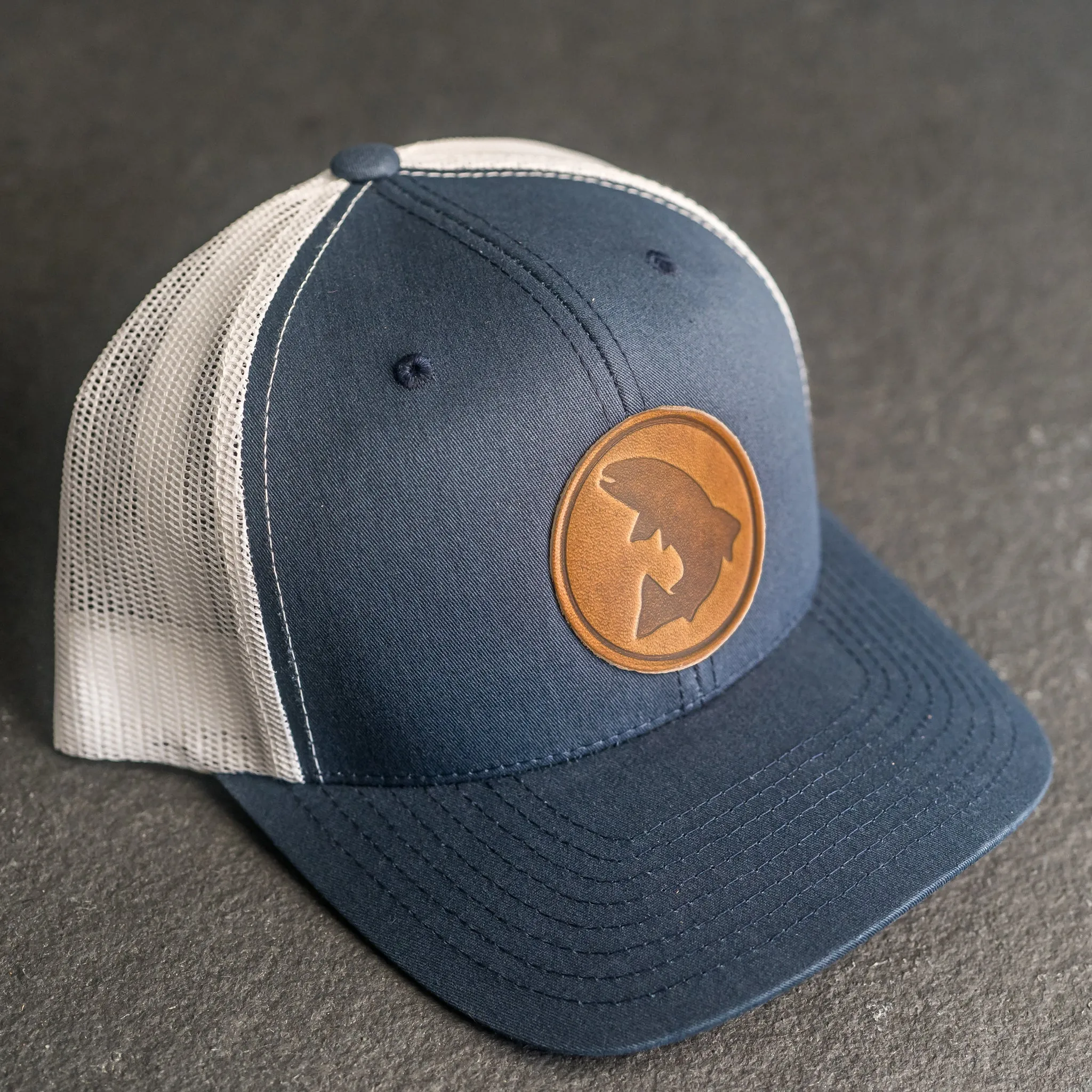 Leather Patch Trucker Style Hat - Circle Patch - Fish Stamp