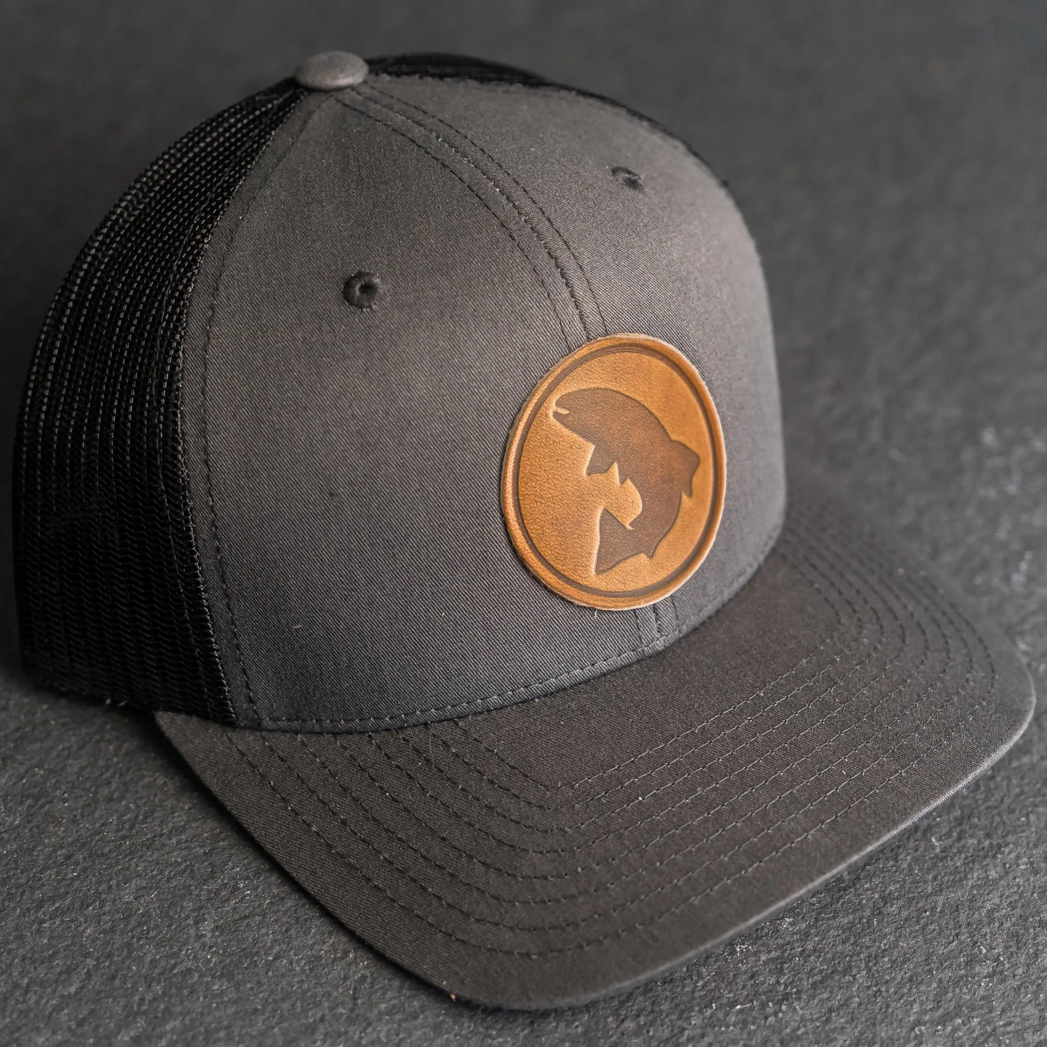 Leather Patch Trucker Style Hat - Circle Patch - Fish Stamp