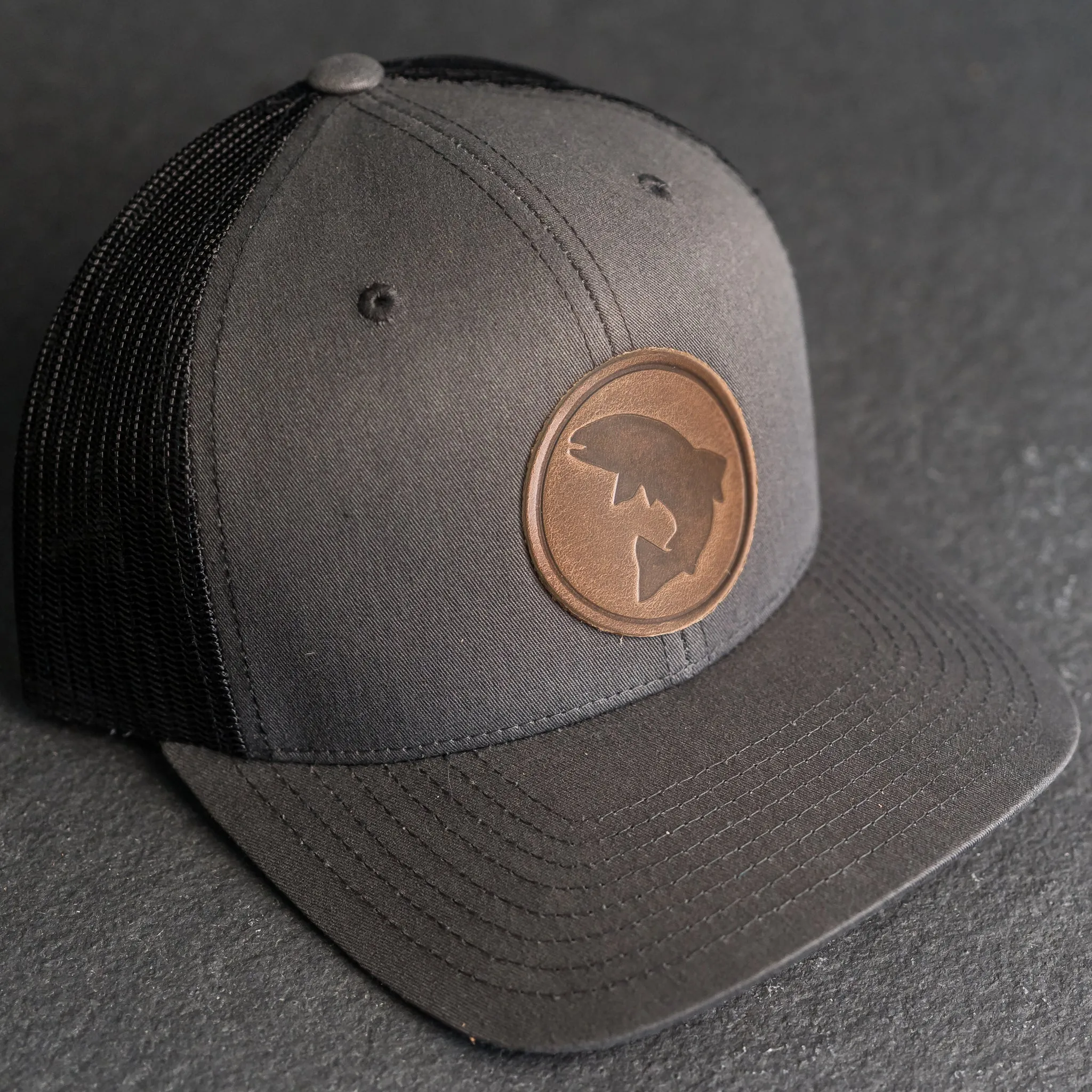 Leather Patch Trucker Style Hat - Circle Patch - Fish Stamp