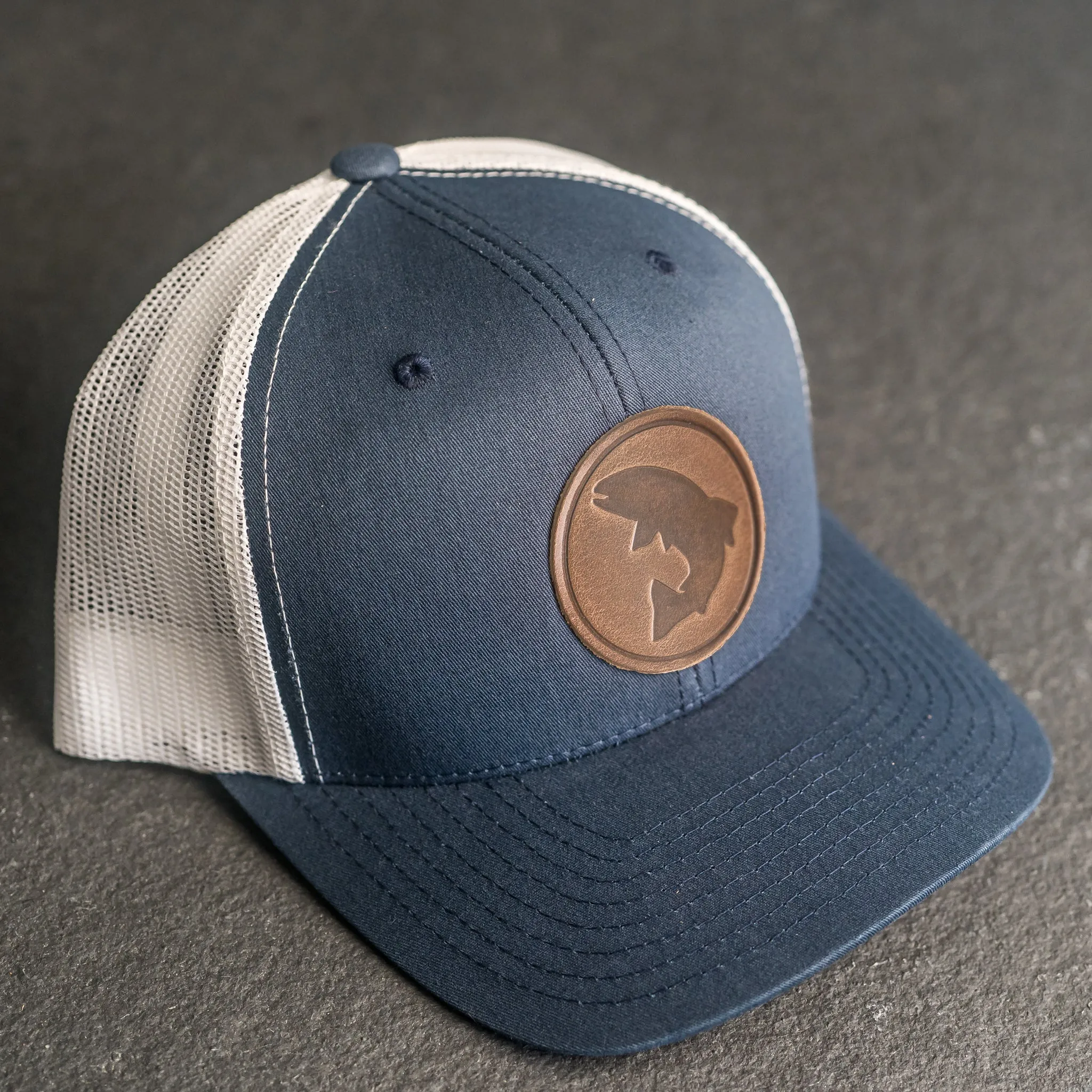 Leather Patch Trucker Style Hat - Circle Patch - Fish Stamp