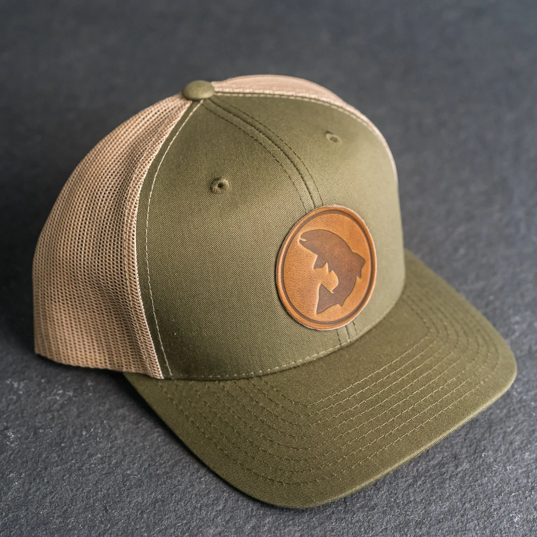 Leather Patch Trucker Style Hat - Circle Patch - Fish Stamp