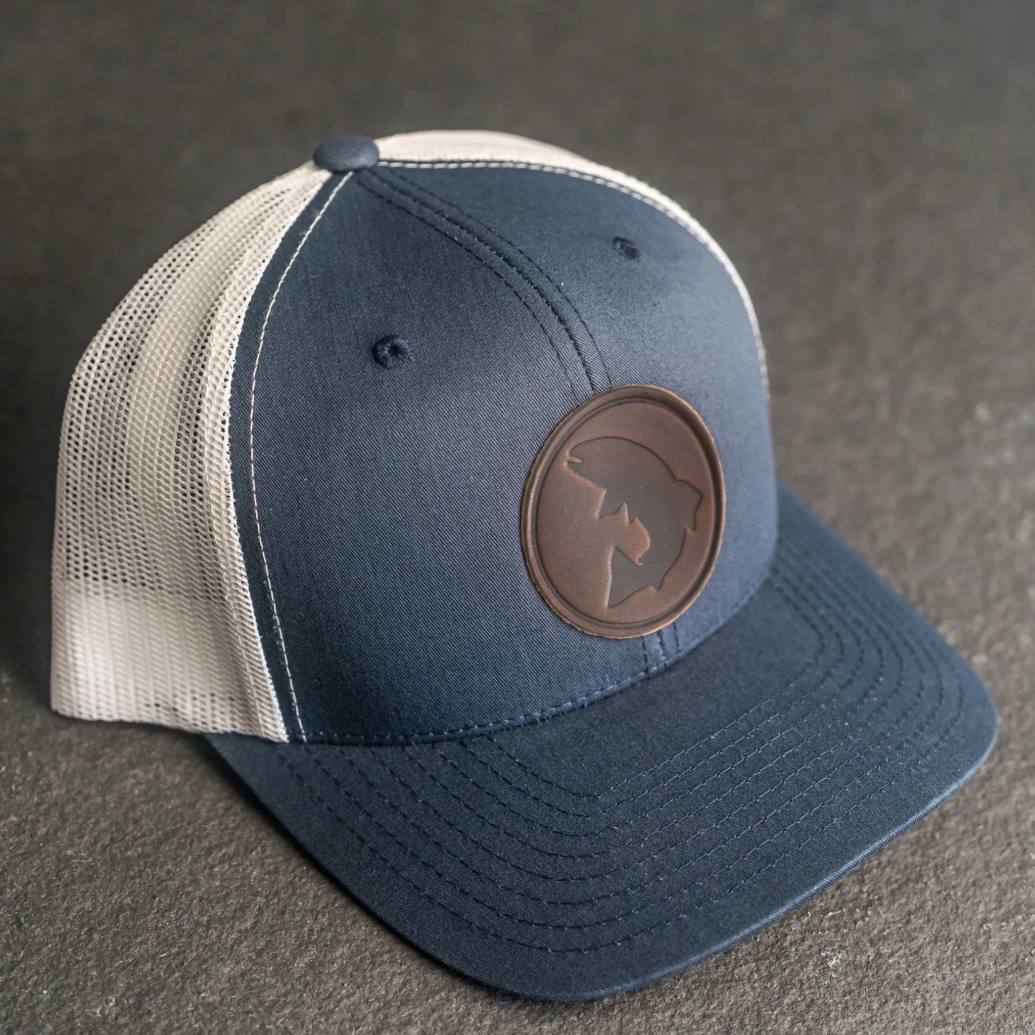 Leather Patch Trucker Style Hat - Circle Patch - Fish Stamp