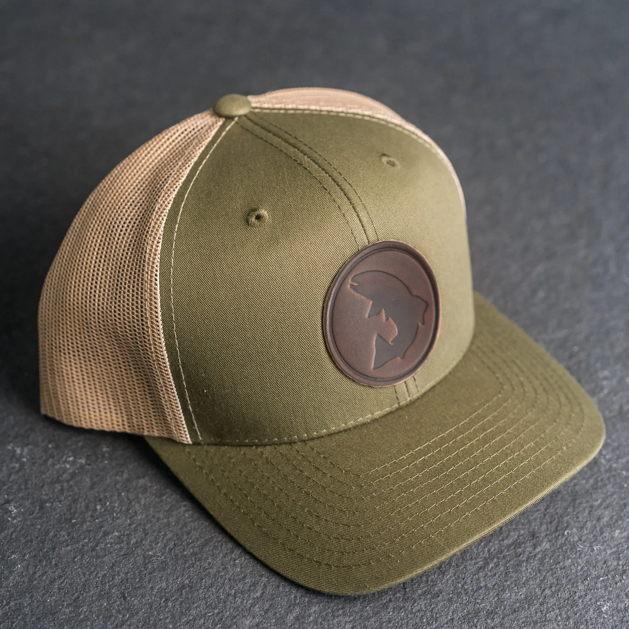 Leather Patch Trucker Style Hat - Circle Patch - Fish Stamp