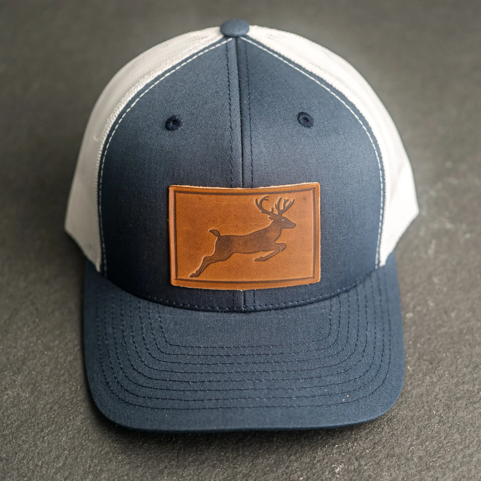 Leather Patch Trucker Style Hat - Deer Stamp