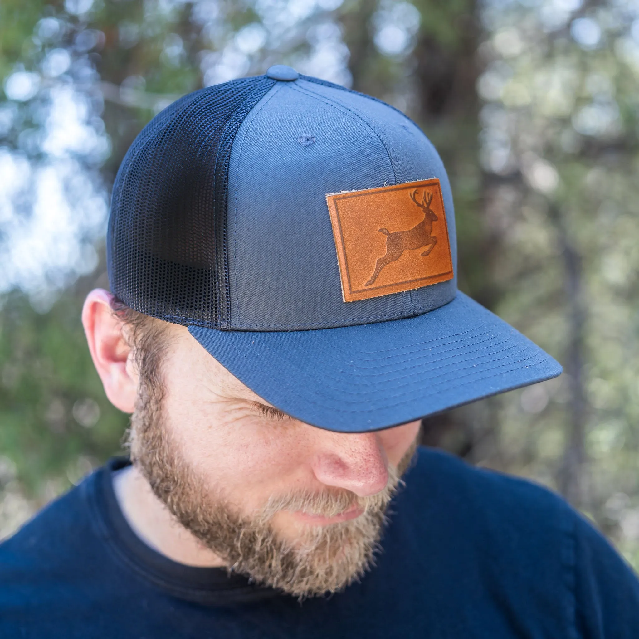 Leather Patch Trucker Style Hat - Deer Stamp