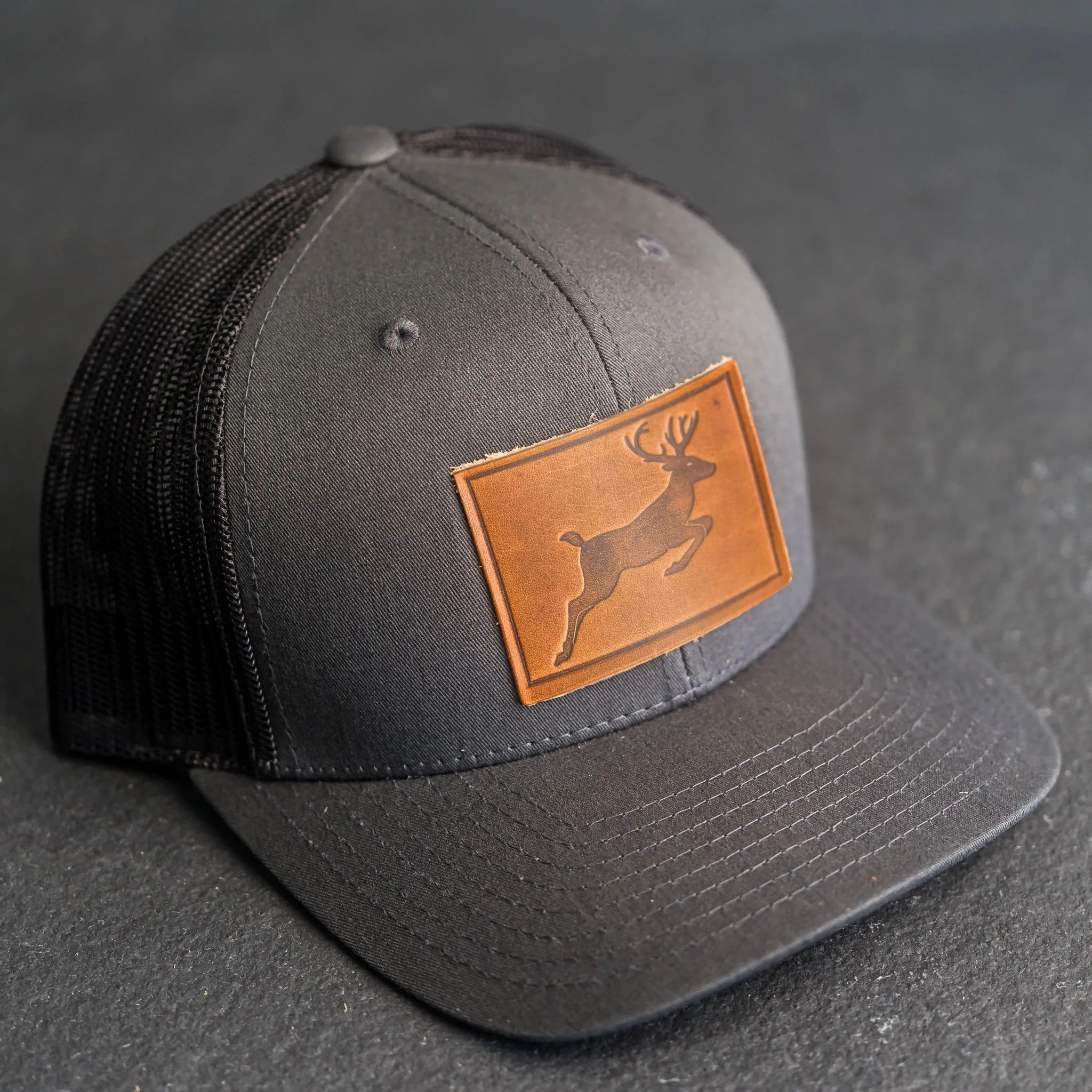 Leather Patch Trucker Style Hat - Deer Stamp