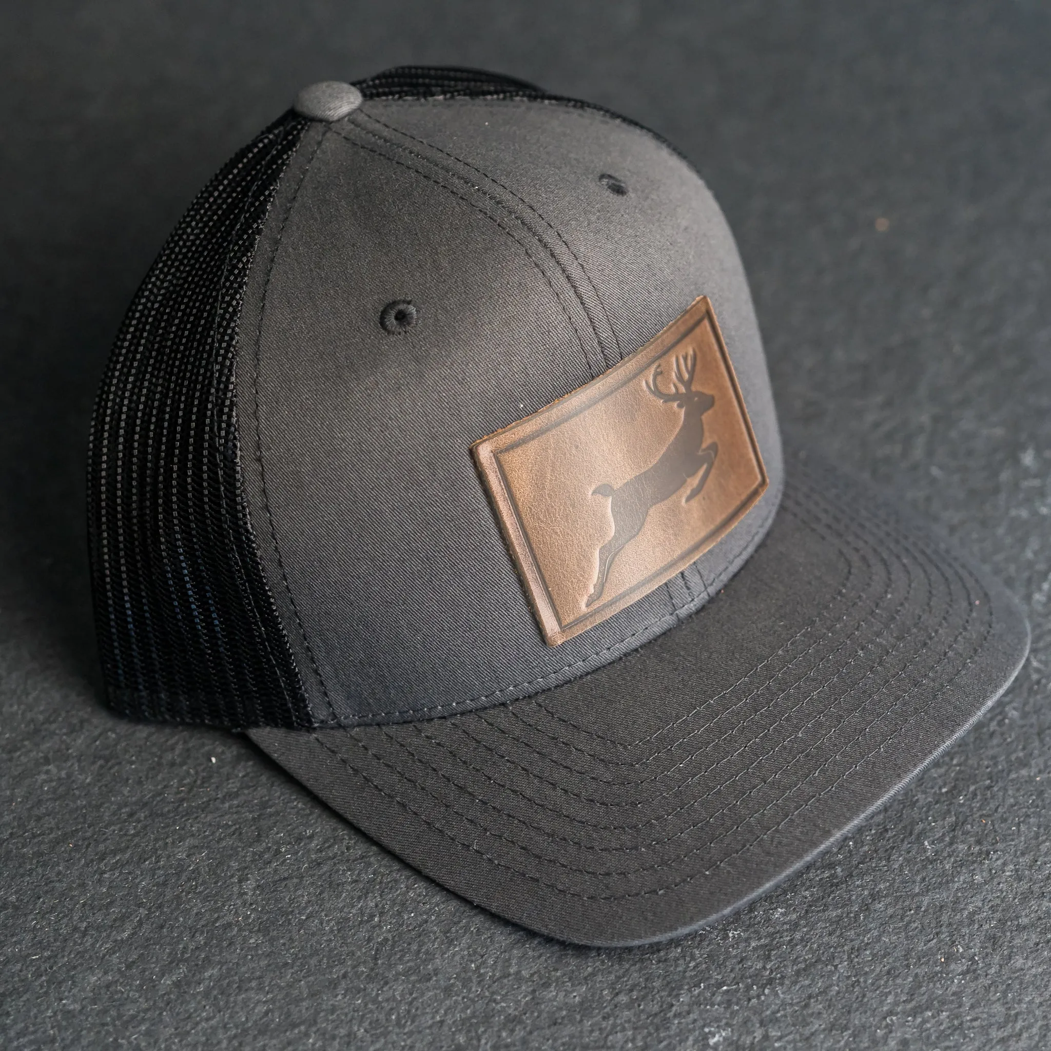 Leather Patch Trucker Style Hat - Deer Stamp