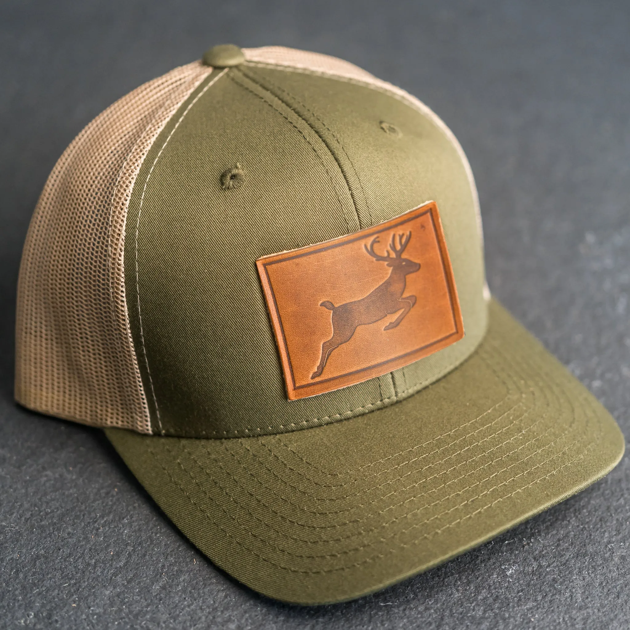 Leather Patch Trucker Style Hat - Deer Stamp