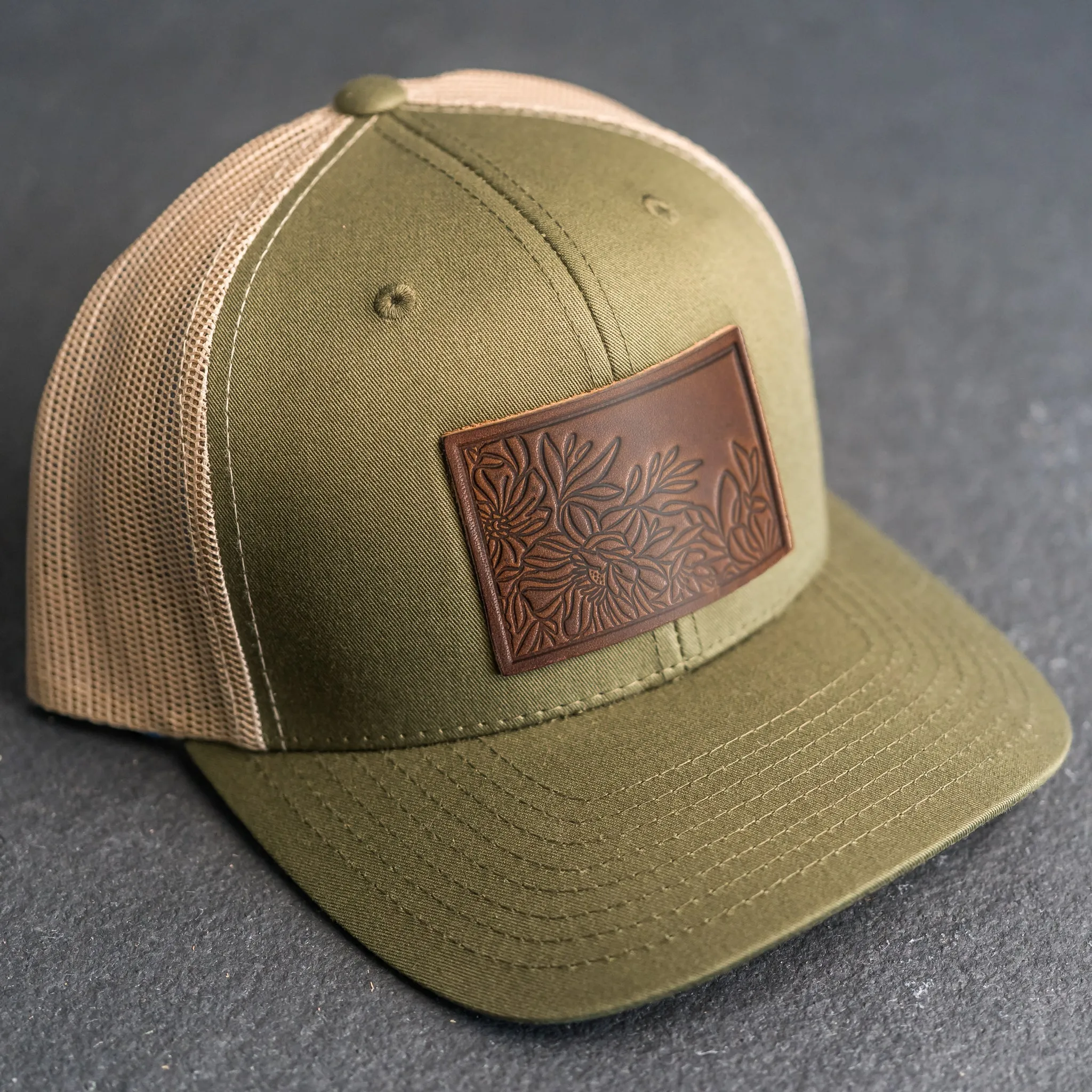 Leather Patch Trucker Style Hat - Floral Stamp