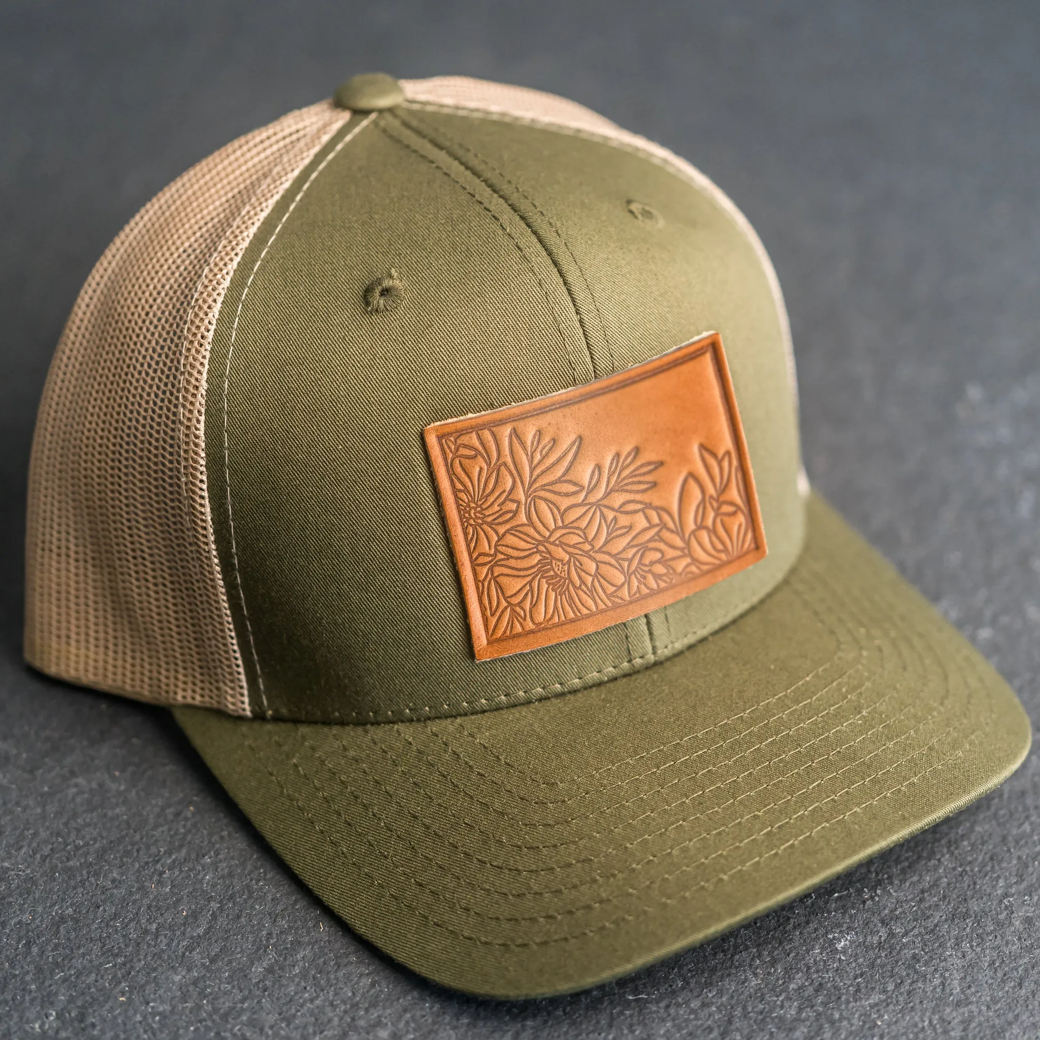 Leather Patch Trucker Style Hat - Floral Stamp