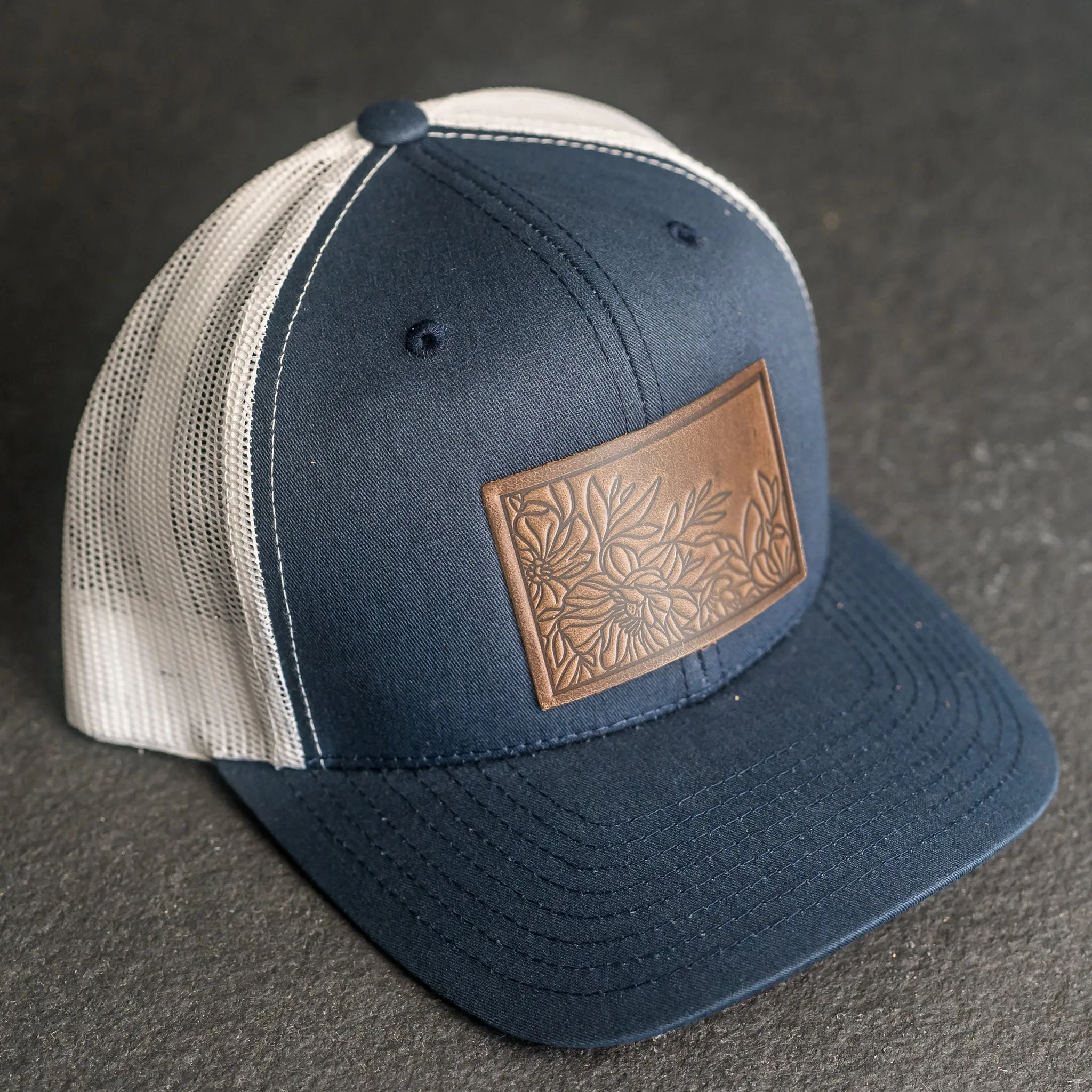 Leather Patch Trucker Style Hat - Floral Stamp