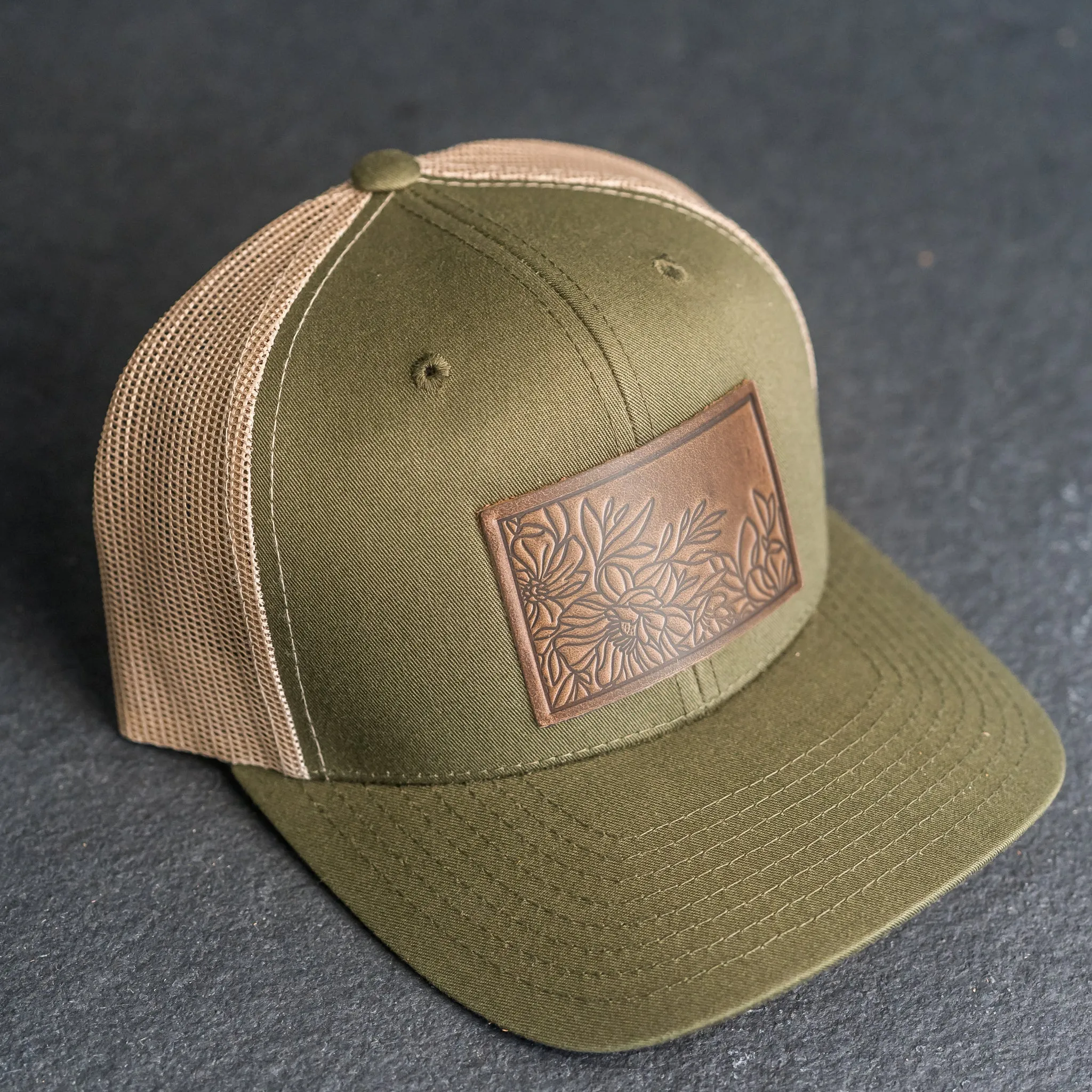 Leather Patch Trucker Style Hat - Floral Stamp