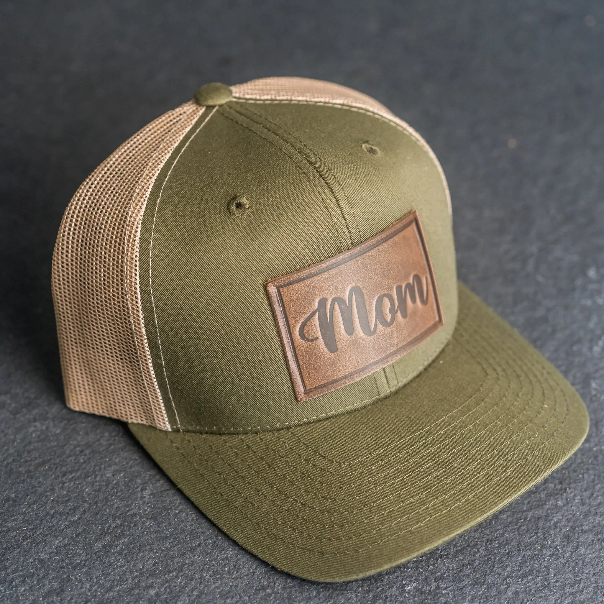 Leather Patch Trucker Style Hat - Mom Cursive Stamp