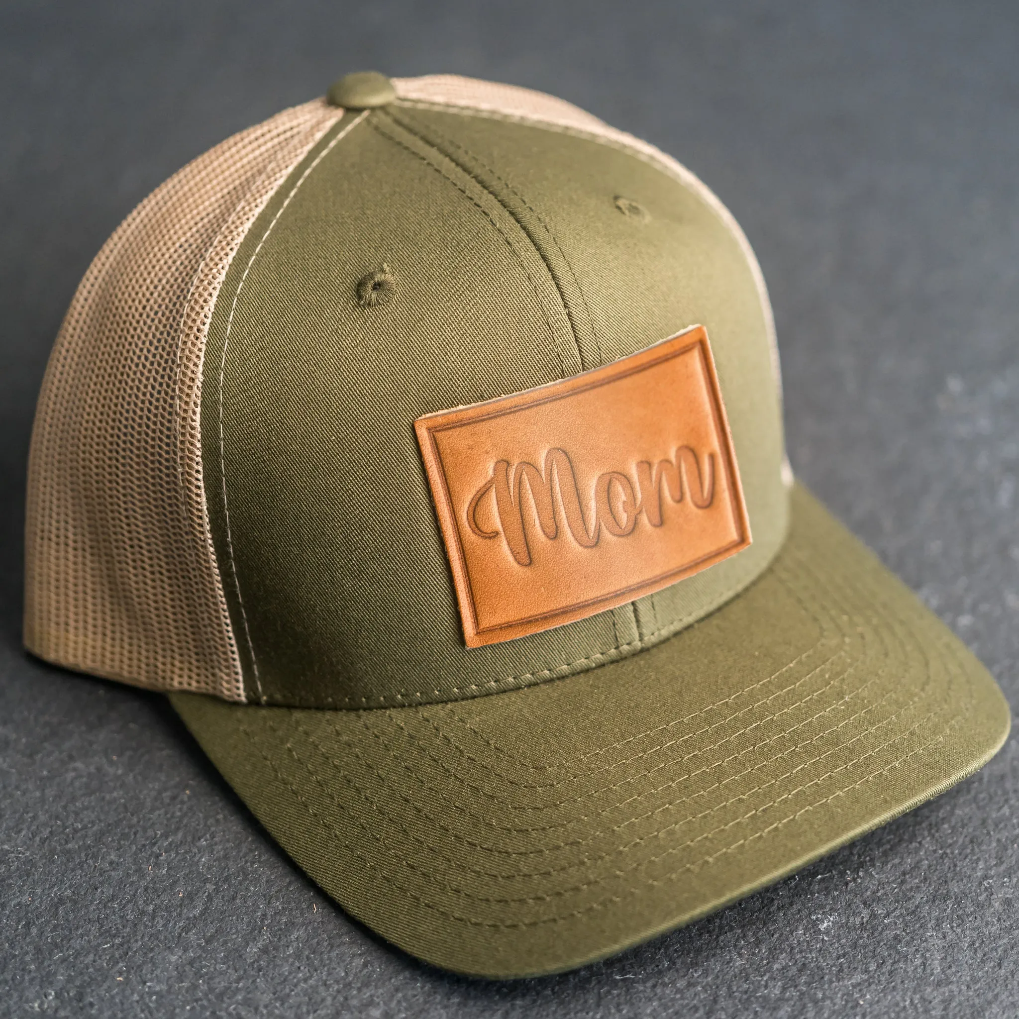 Leather Patch Trucker Style Hat - Mom Cursive Stamp