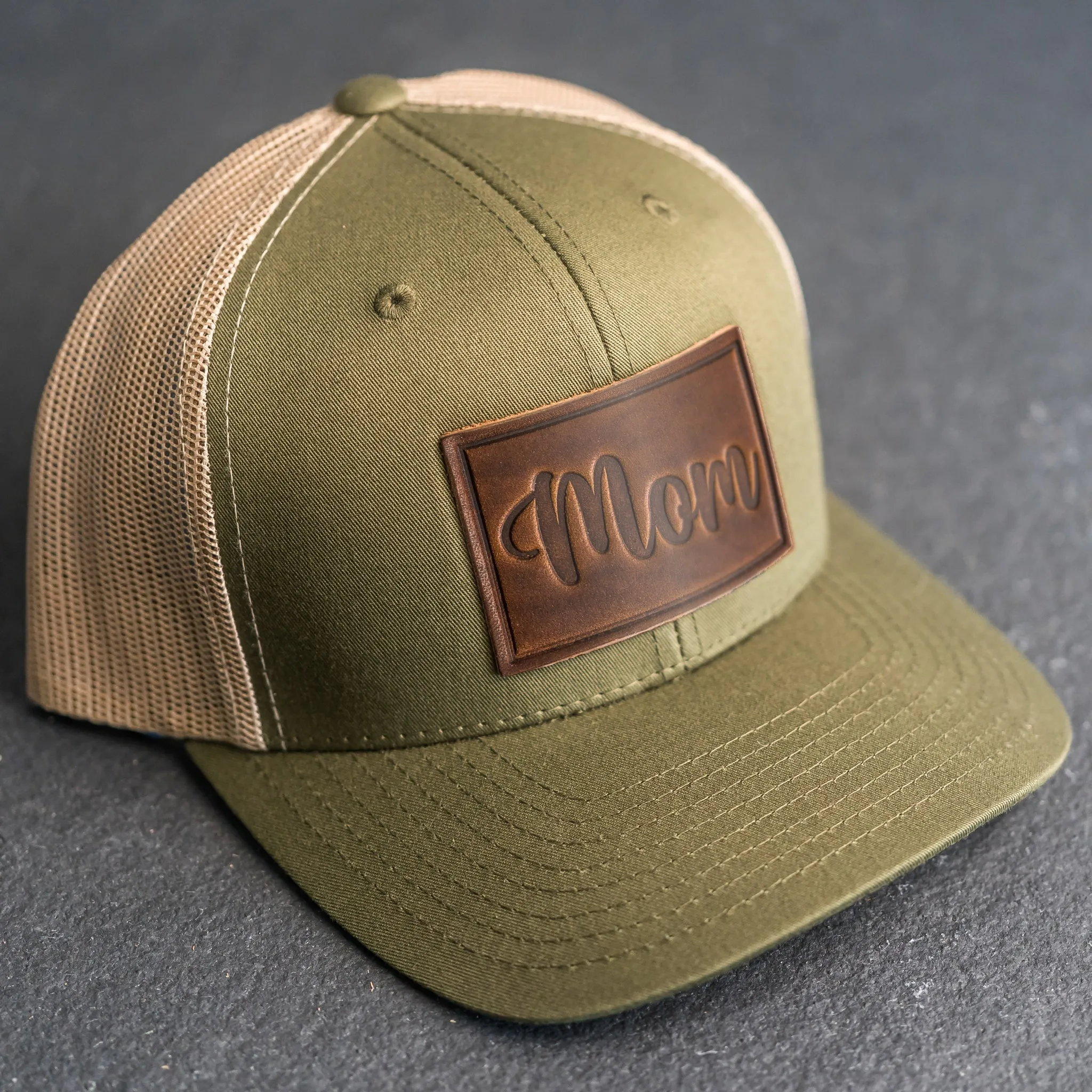 Leather Patch Trucker Style Hat - Mom Cursive Stamp