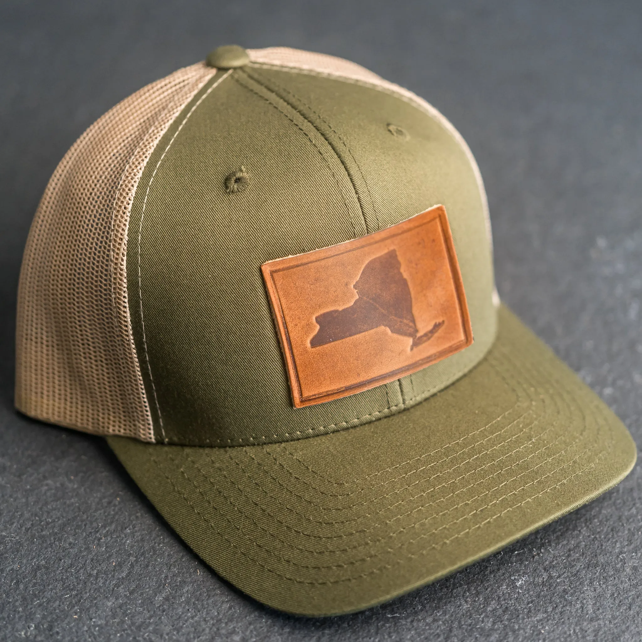 Leather Patch Trucker Style Hat - New York Stamp